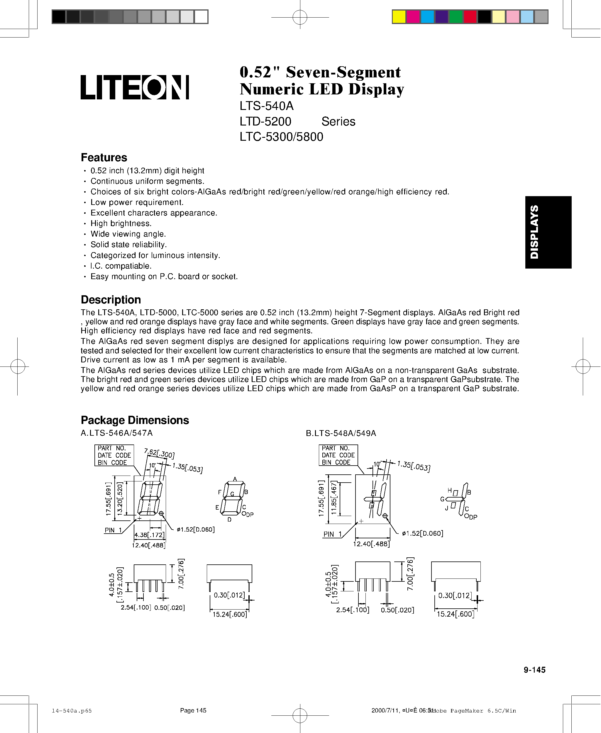 Datasheet LTD5250 - 0.52 Seven-Segment Numeric LED Display page 1