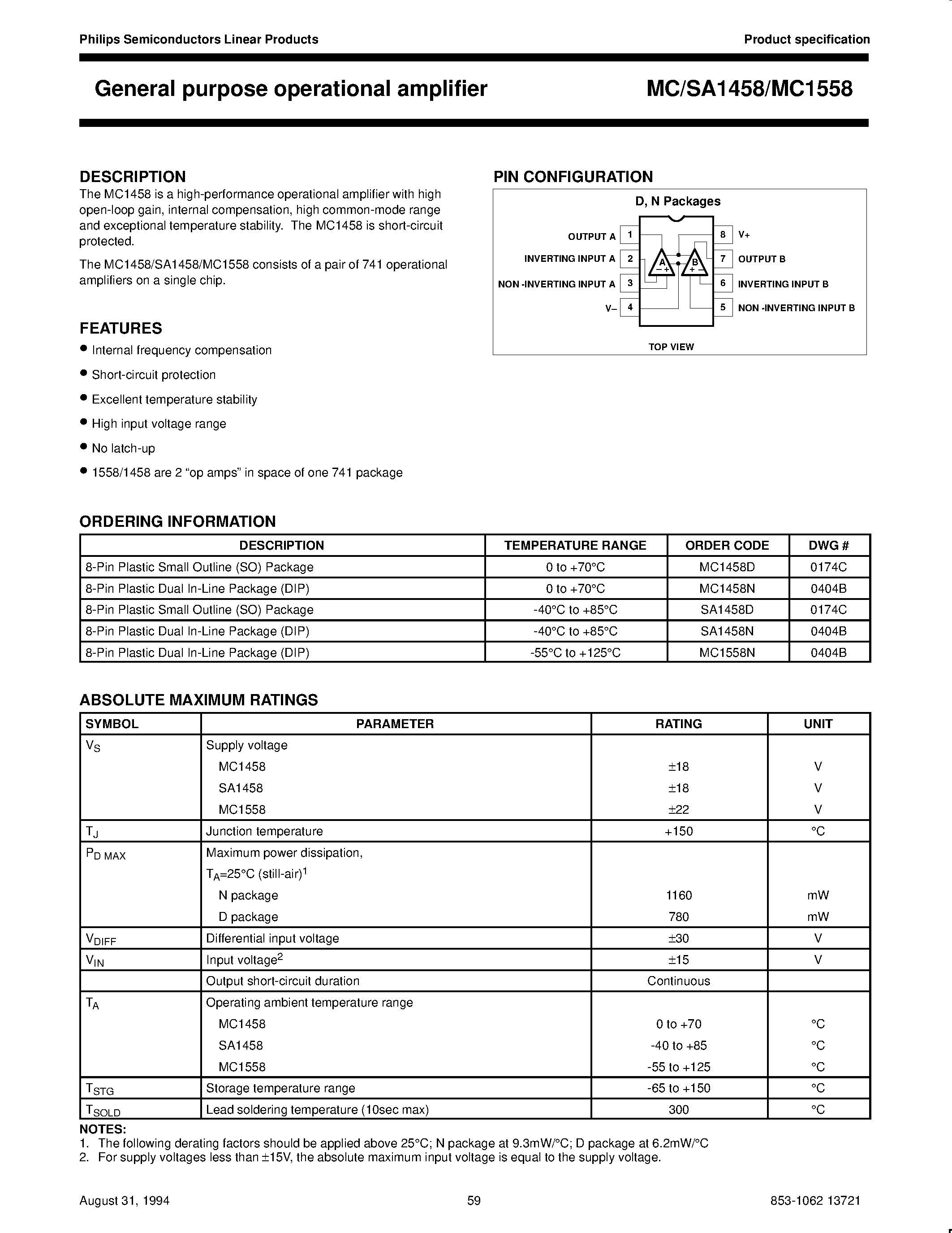 Даташит на микросхему MC1558 страница 1 Даташит MC1558 - General purpose operational amplifier страница 1