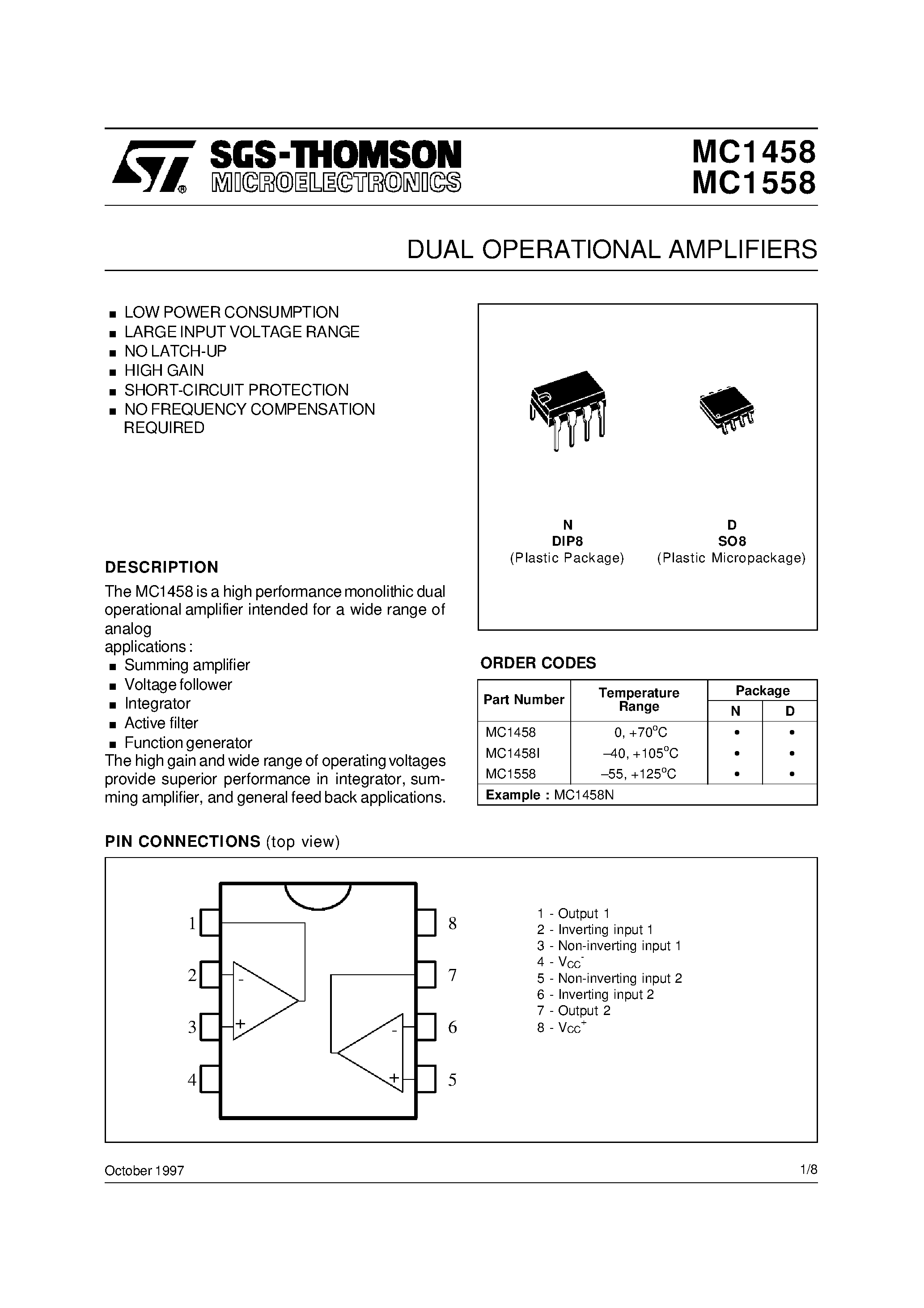 Даташит на микросхему MC1558 страница 1 Даташит MC1558 - DUAL OPERATIONAL AMPLIFIERS страница 1