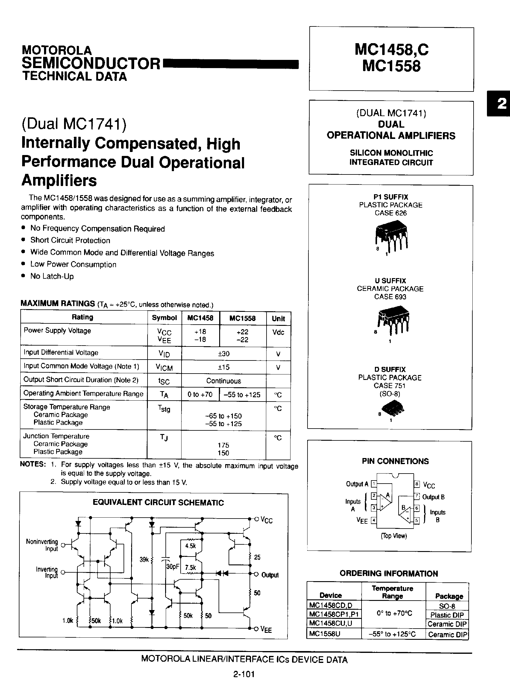 Даташит на микросхему MC1558 страница 1 Даташит MC1558 - DUAL OPERATIONAL AMPLIFIERS страница 1