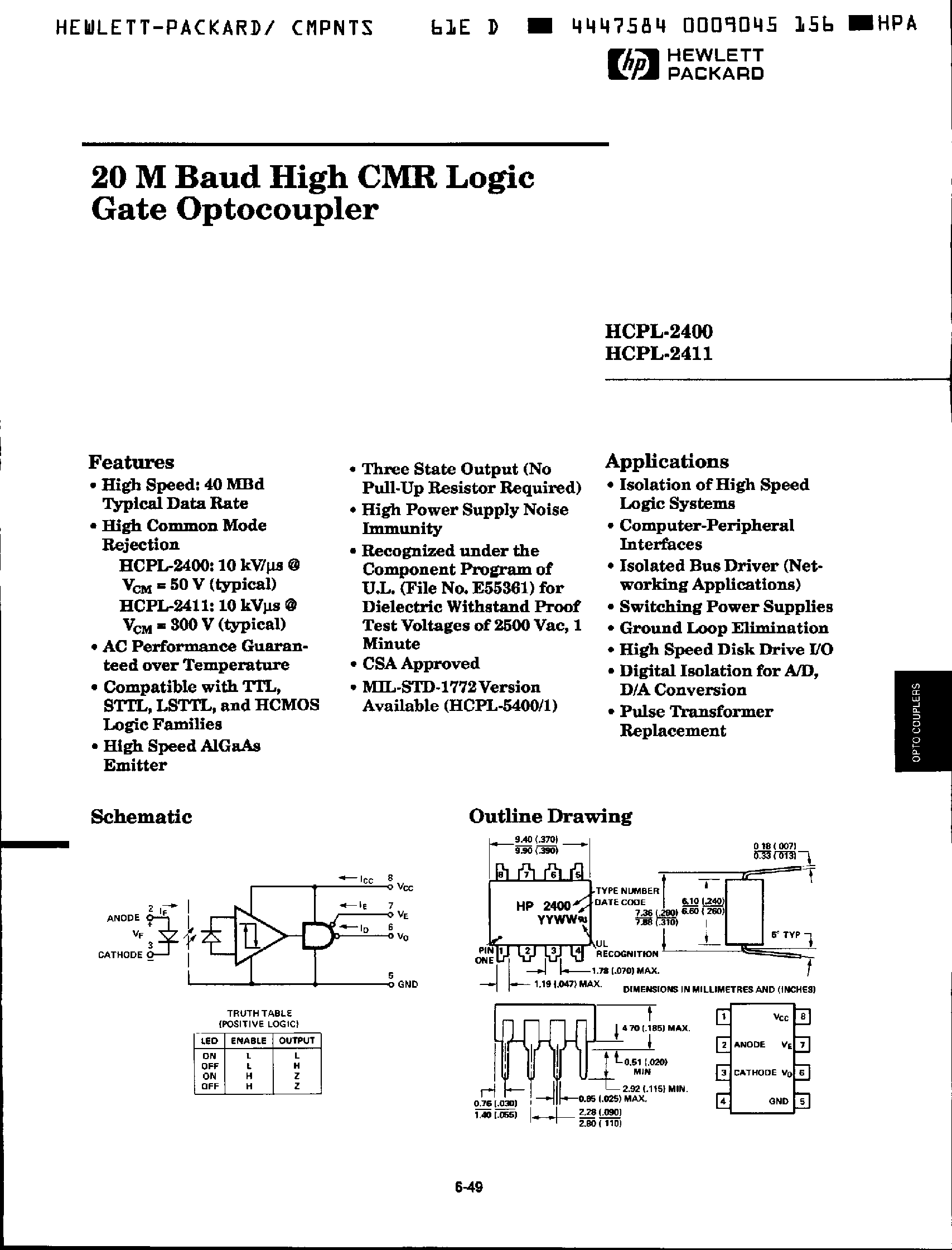Даташит HCPL2411 - 20M Baud High CMR Logic Gate Optocoupler страница 1