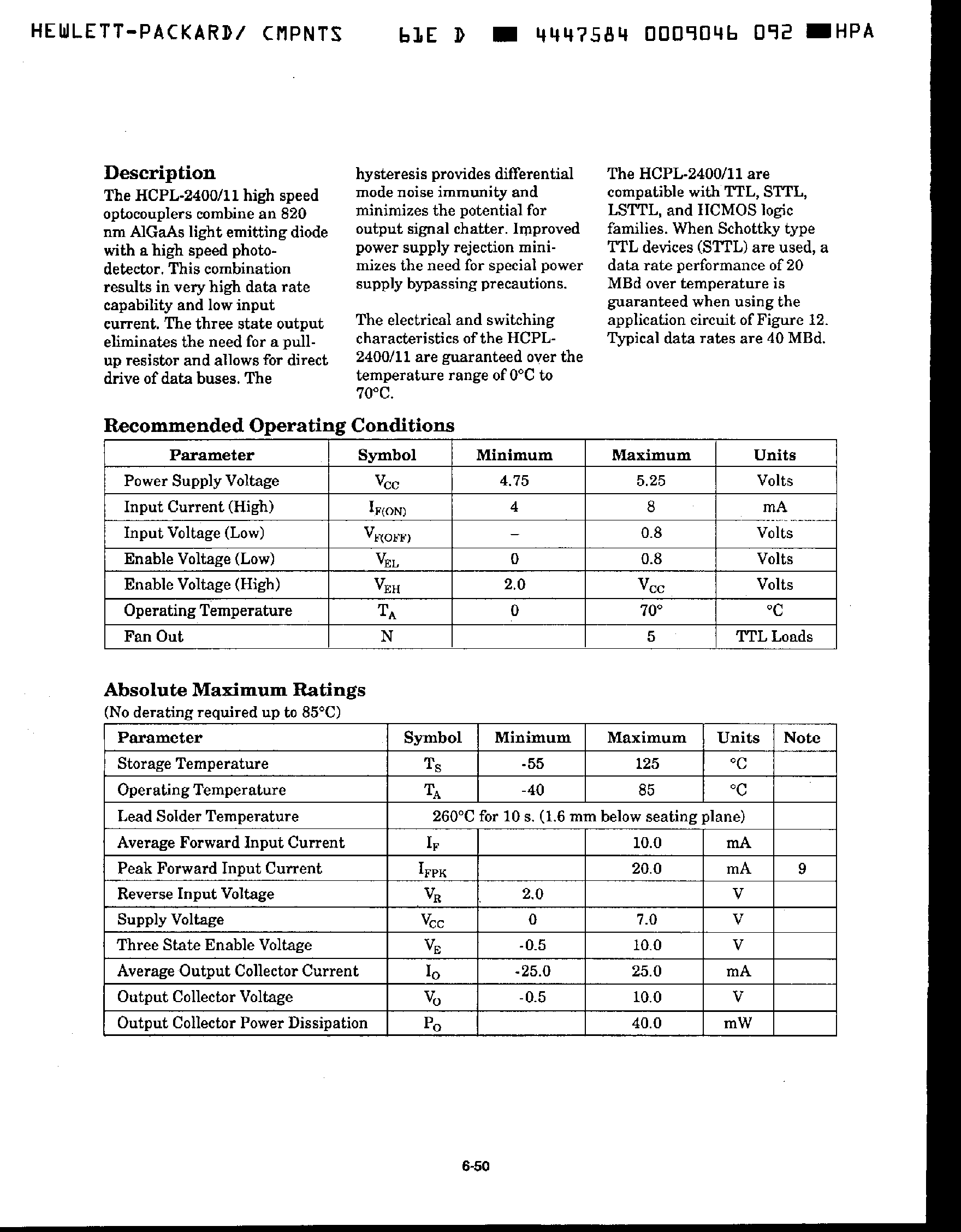 Datasheet HCPL2411 - 20M Baud High CMR Logic Gate Optocoupler page 2
