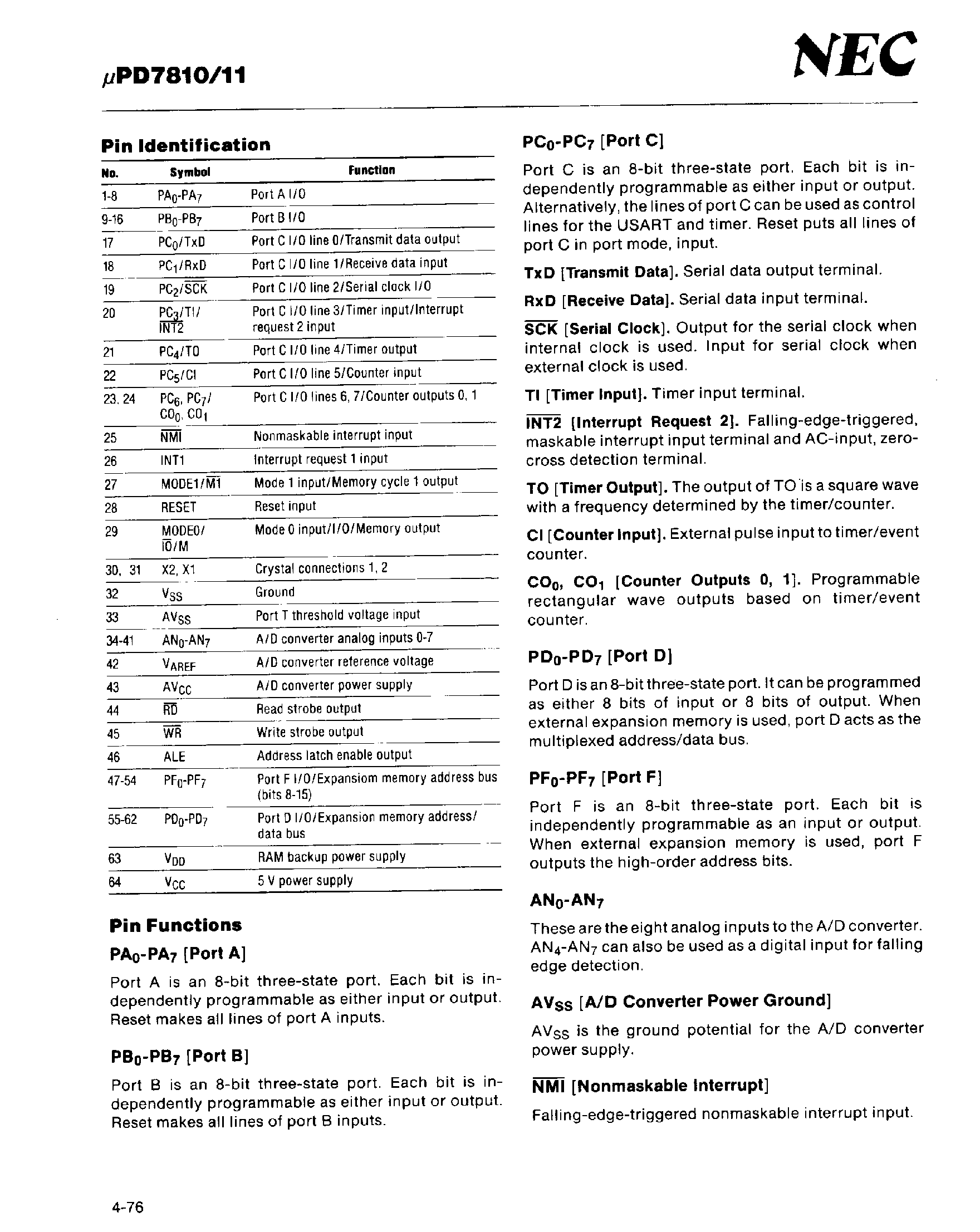 Datasheet UPD7811 - 8 BIT SINGLE CHIP NMOS MICROCOMPUTERS WITH A/D CONVERTERl page 2
