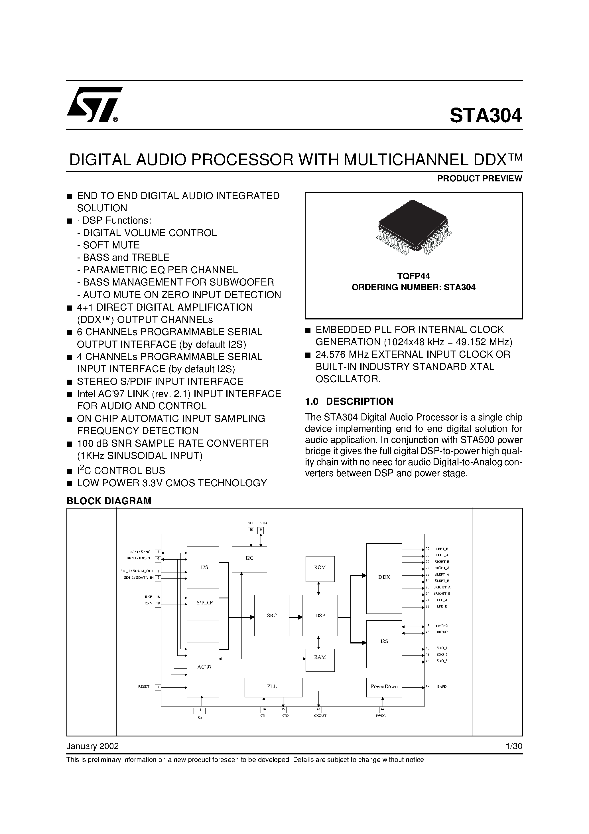 Datasheet STA304 page 1 Datasheet STA304 - DIGITAL AUDIO PROCESSOR WITH MULTICHANNEL DDX page 1