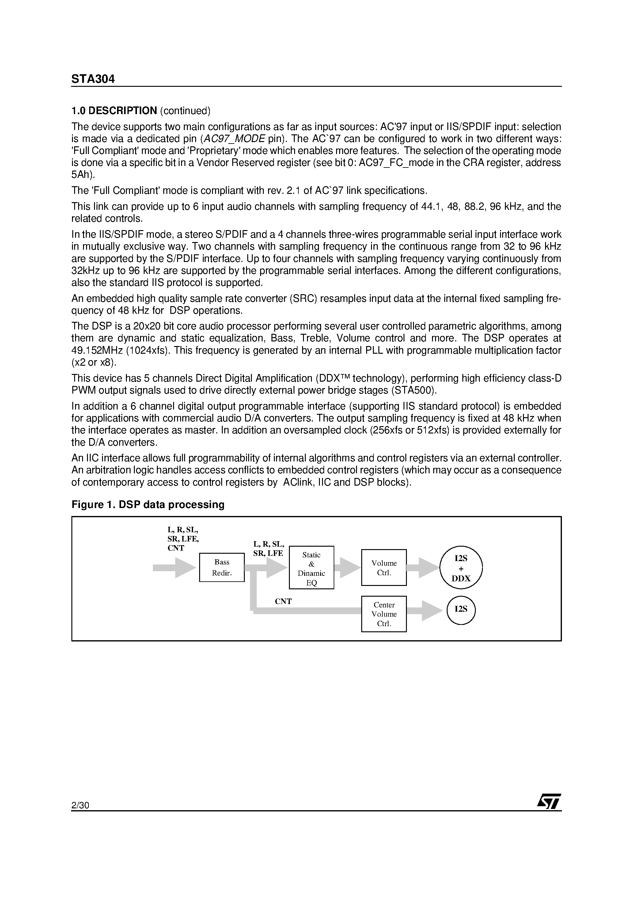 Datasheet STA304 page 2 Datasheet STA304 - DIGITAL AUDIO PROCESSOR WITH MULTICHANNEL DDX page 2
