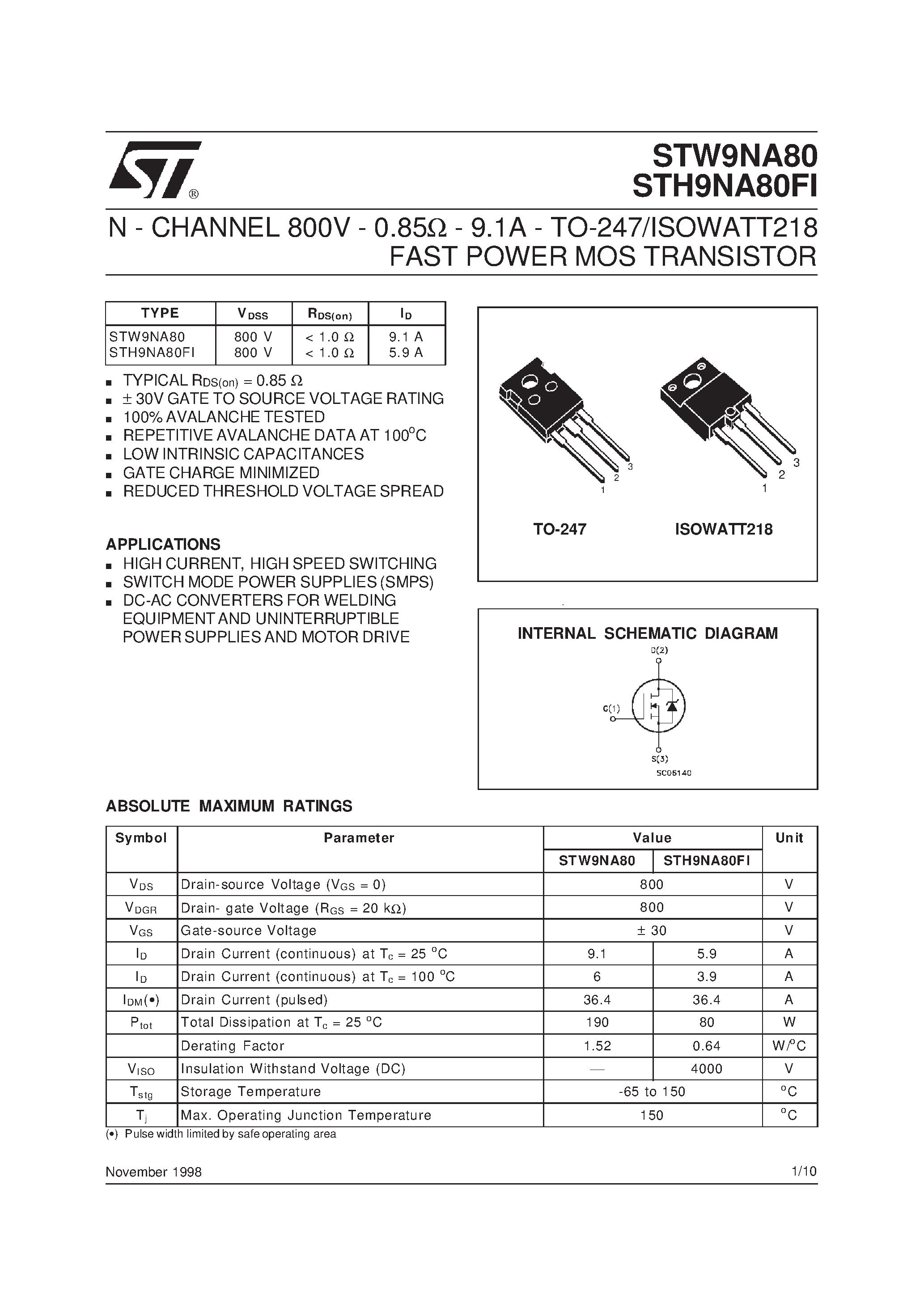 Даташит на микросхему STW9NA80 страница 1 Даташит STW9NA80 - N - CHANNEL 800V - 0.85ohm - 9.1A - TO-247/ISOWATT218 FAST POWER MOS TRANSISTOR страница 1