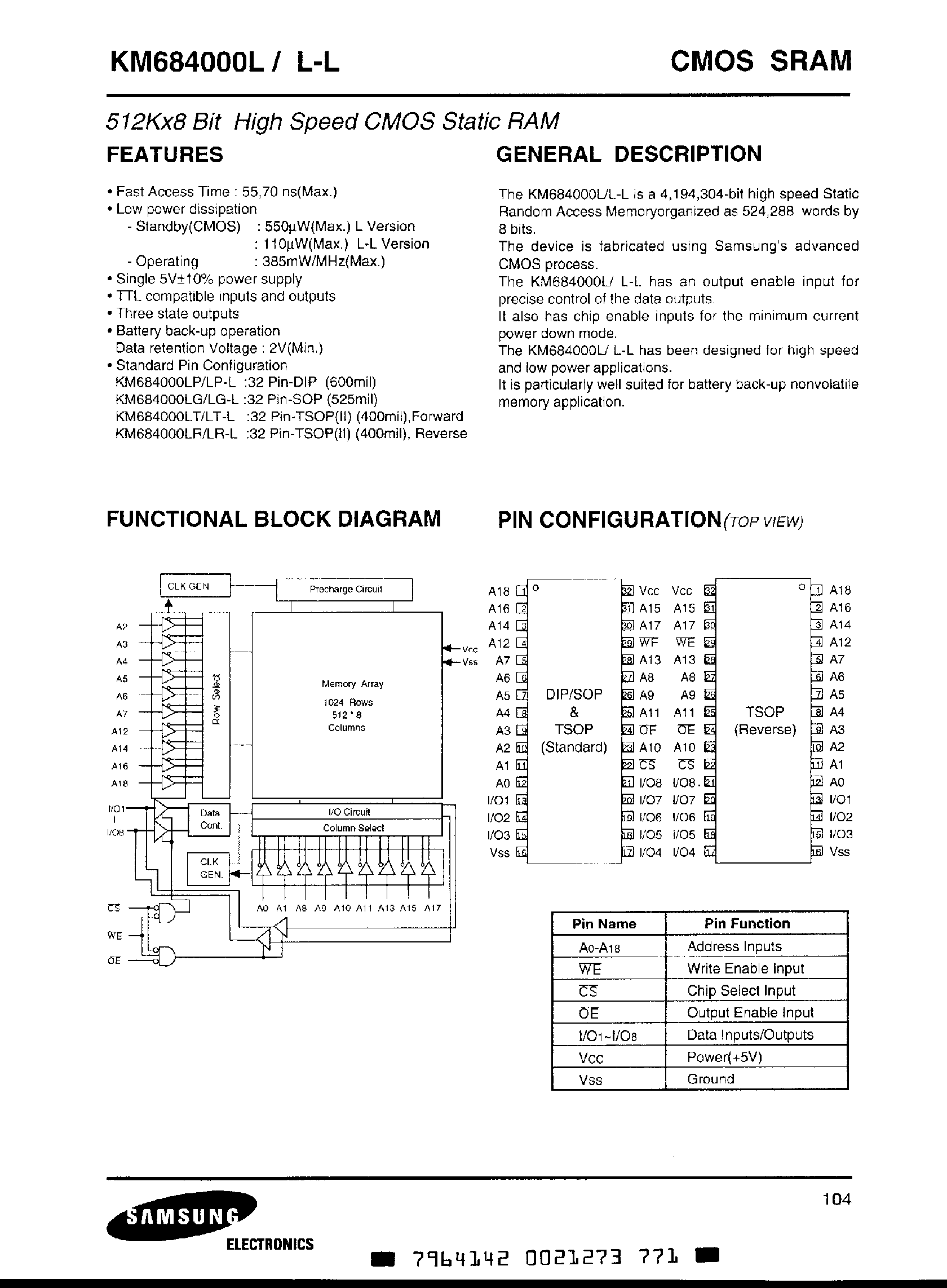 Даташит KM684000L - 512Kx8 BIT HIGH HIGH SPEED CMOS STATIC RAM страница 1