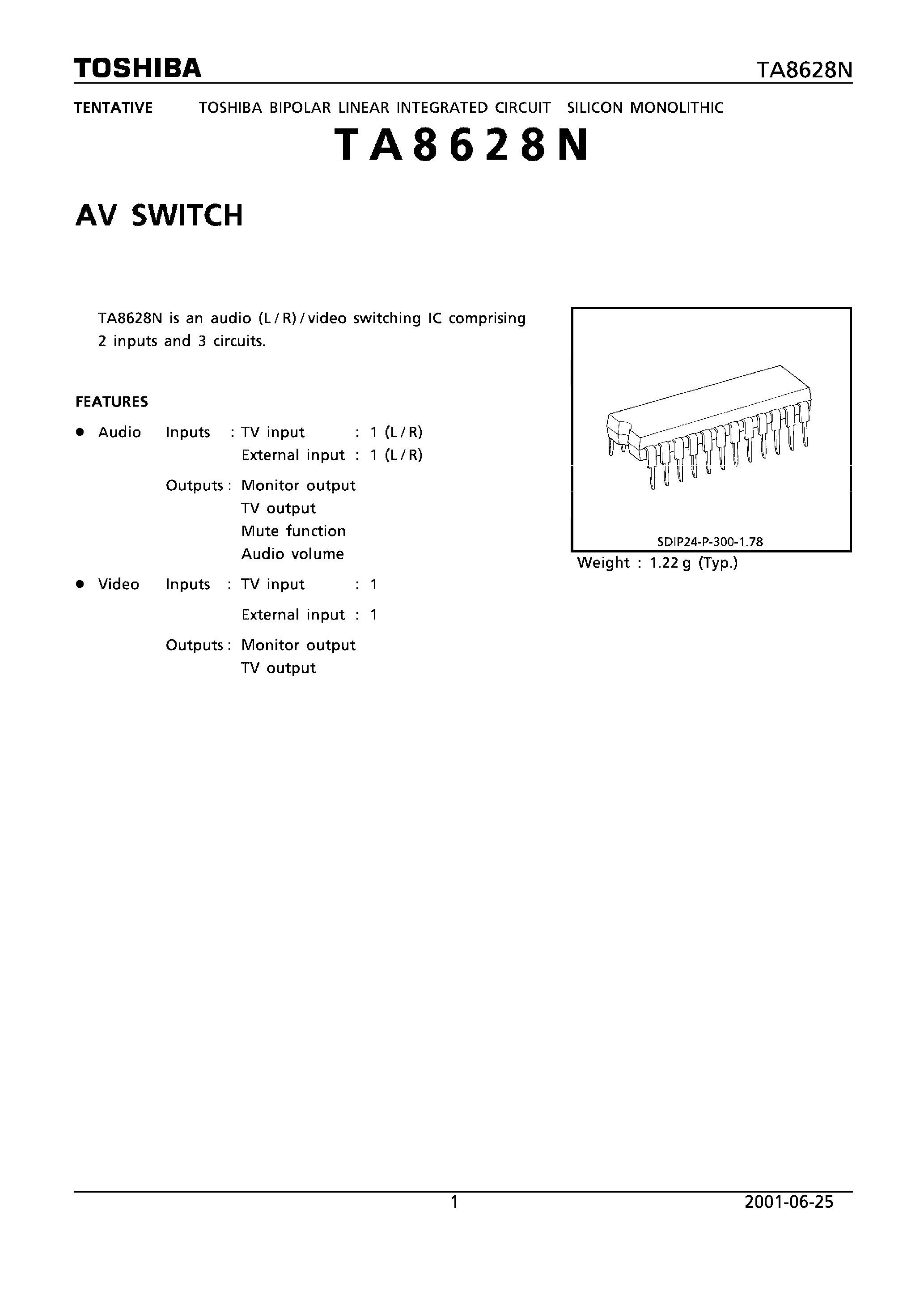 Datasheet TA8628N page 1 Datasheet TA8628N - AV SWITCH page 1