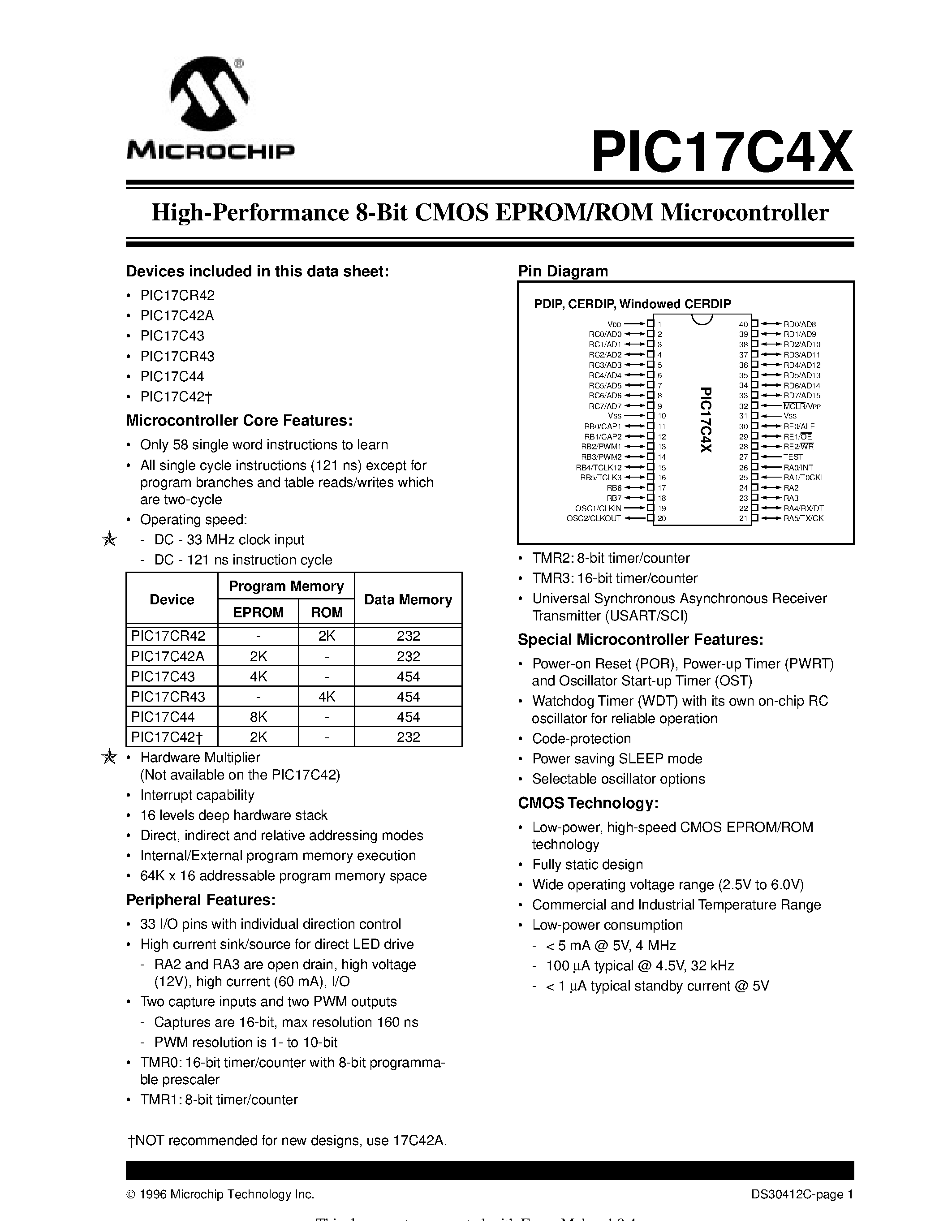 Даташит PIC17C4x - High-Performance 8-Bit CMOS EPROM/ROM Microcontroller страница 1