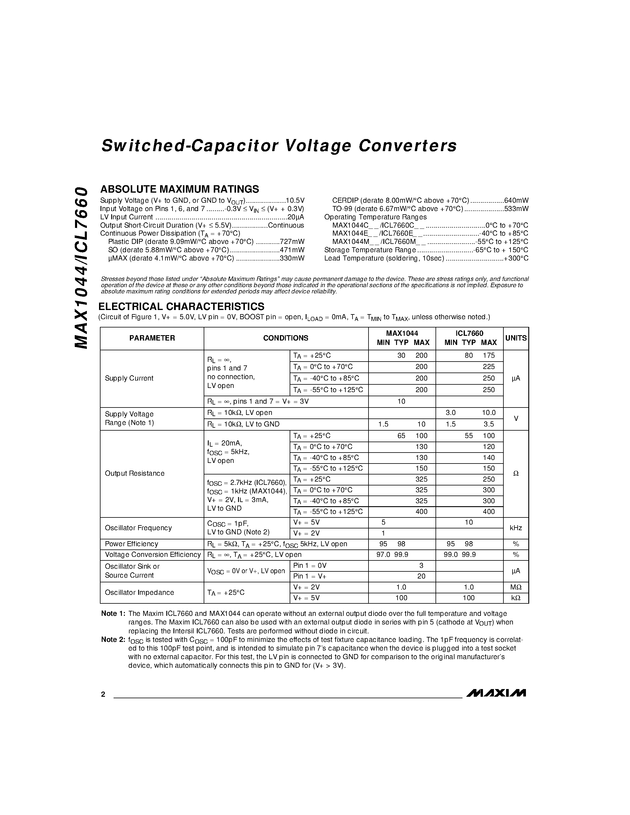 Datasheet ICL7660 - Switched-Capacitor Voltage Converters page 2