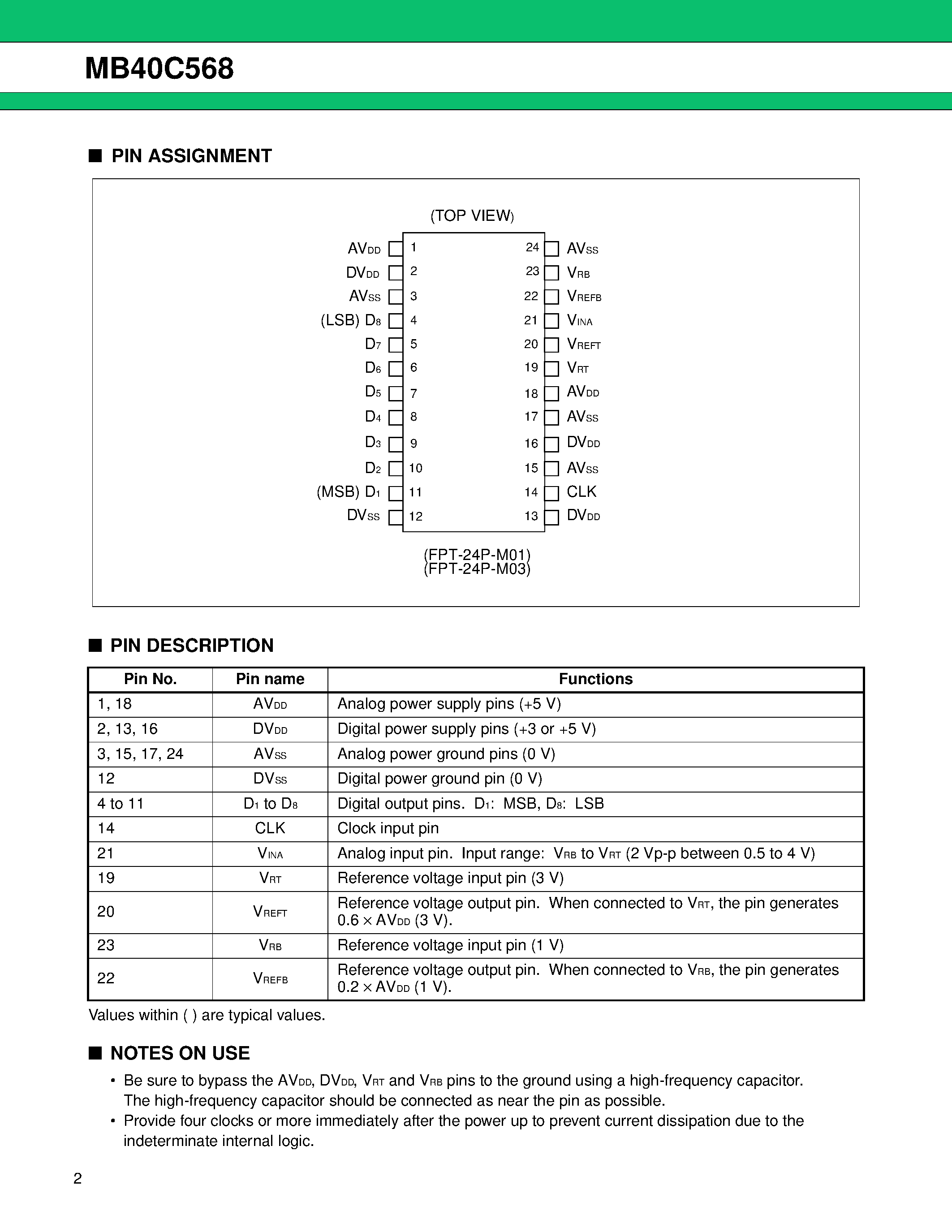 Даташит на микросхему MB40C568 страница 2 Даташит MB40C568 - A/D Converter (1-channel / 8-bit / 20MHz) страница 2