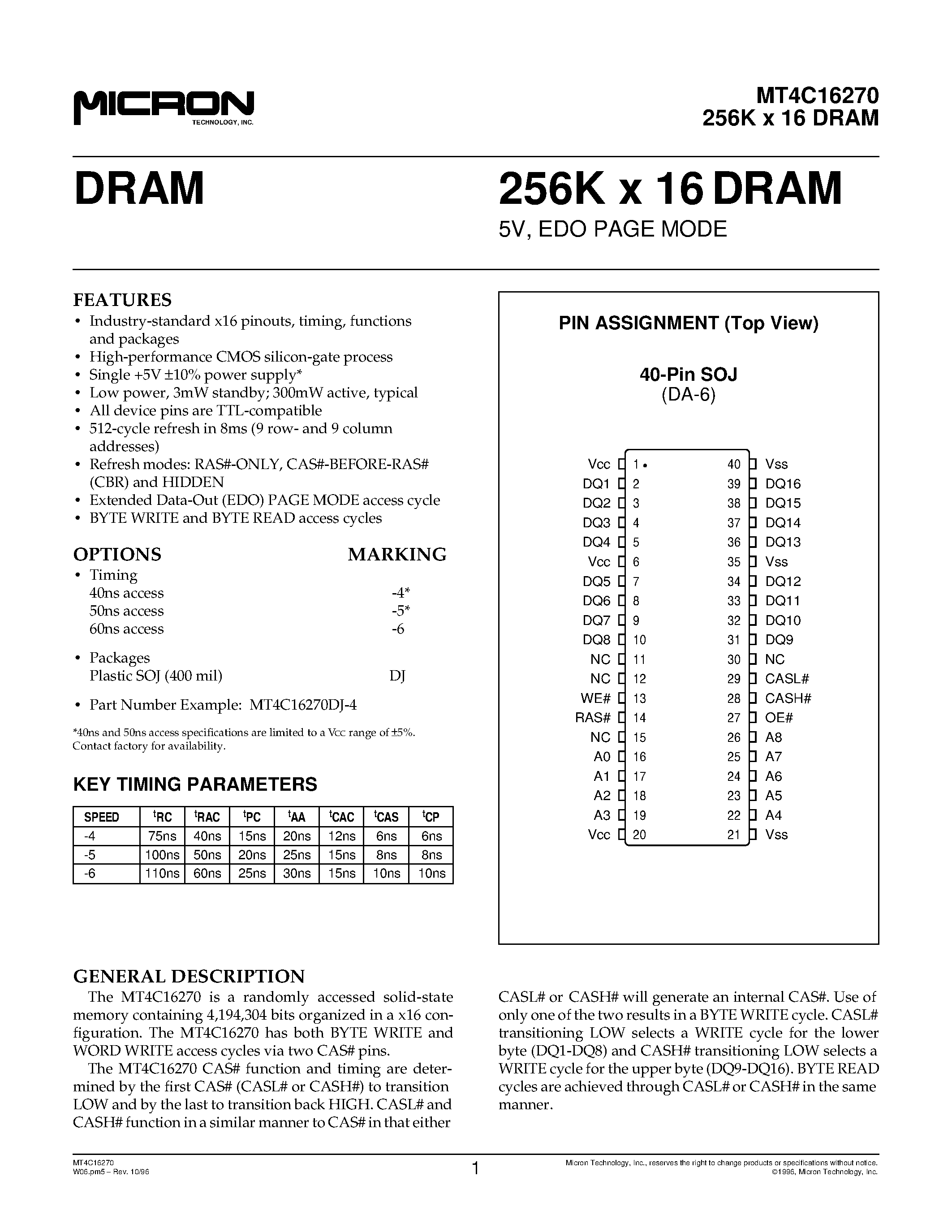 Datasheet MT4C16270 - DRAM 256K X 16 DRAM 5V / EDO PAGE MODE page 1