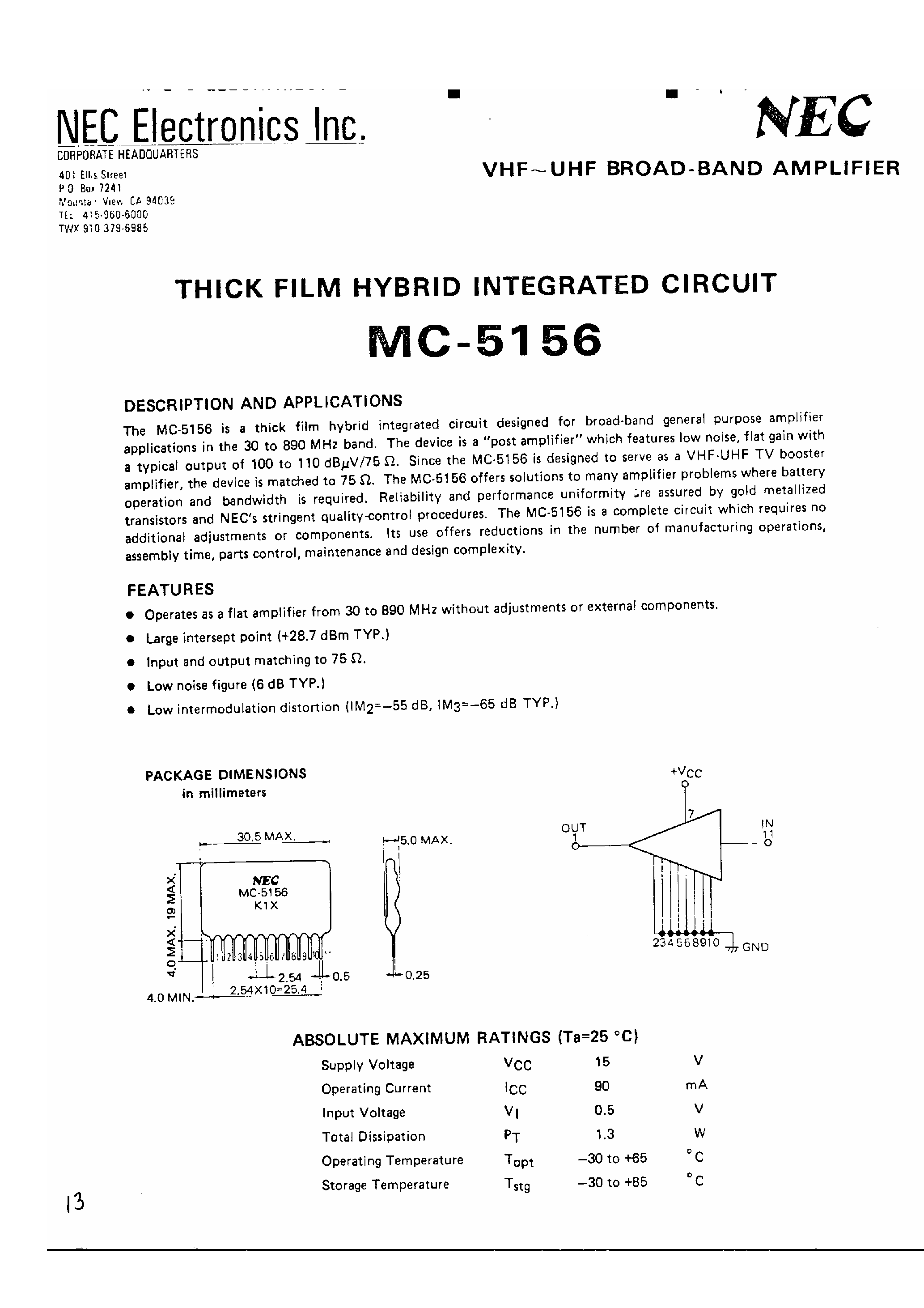 Datasheet MC5156 page 1 Datasheet MC5156 - Thick Film Hybrid Integrated Circuit page 1