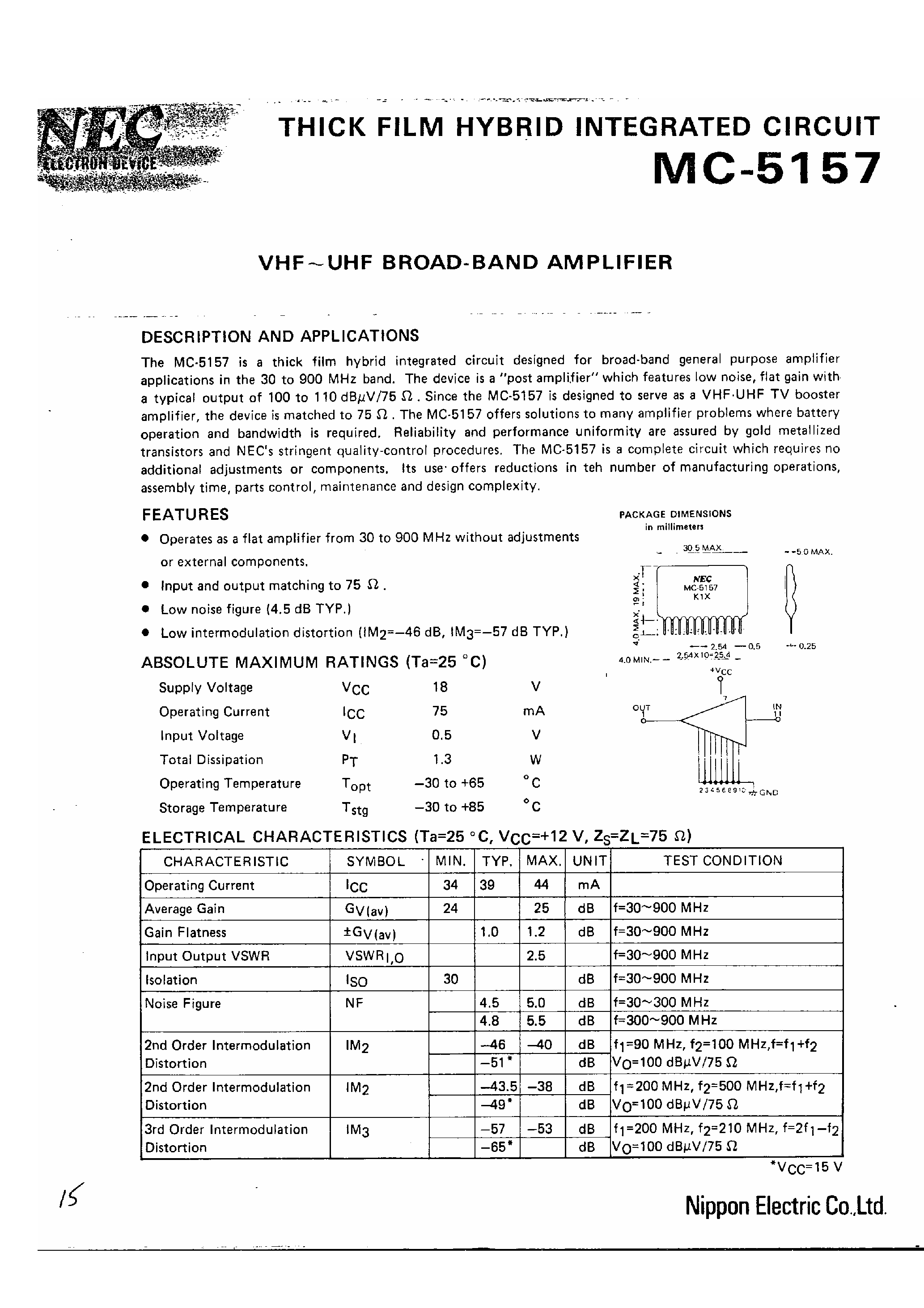 Datasheet MC5157 page 1 Datasheet MC5157 - VHF - UHF Broad-Band Amplifier page 1