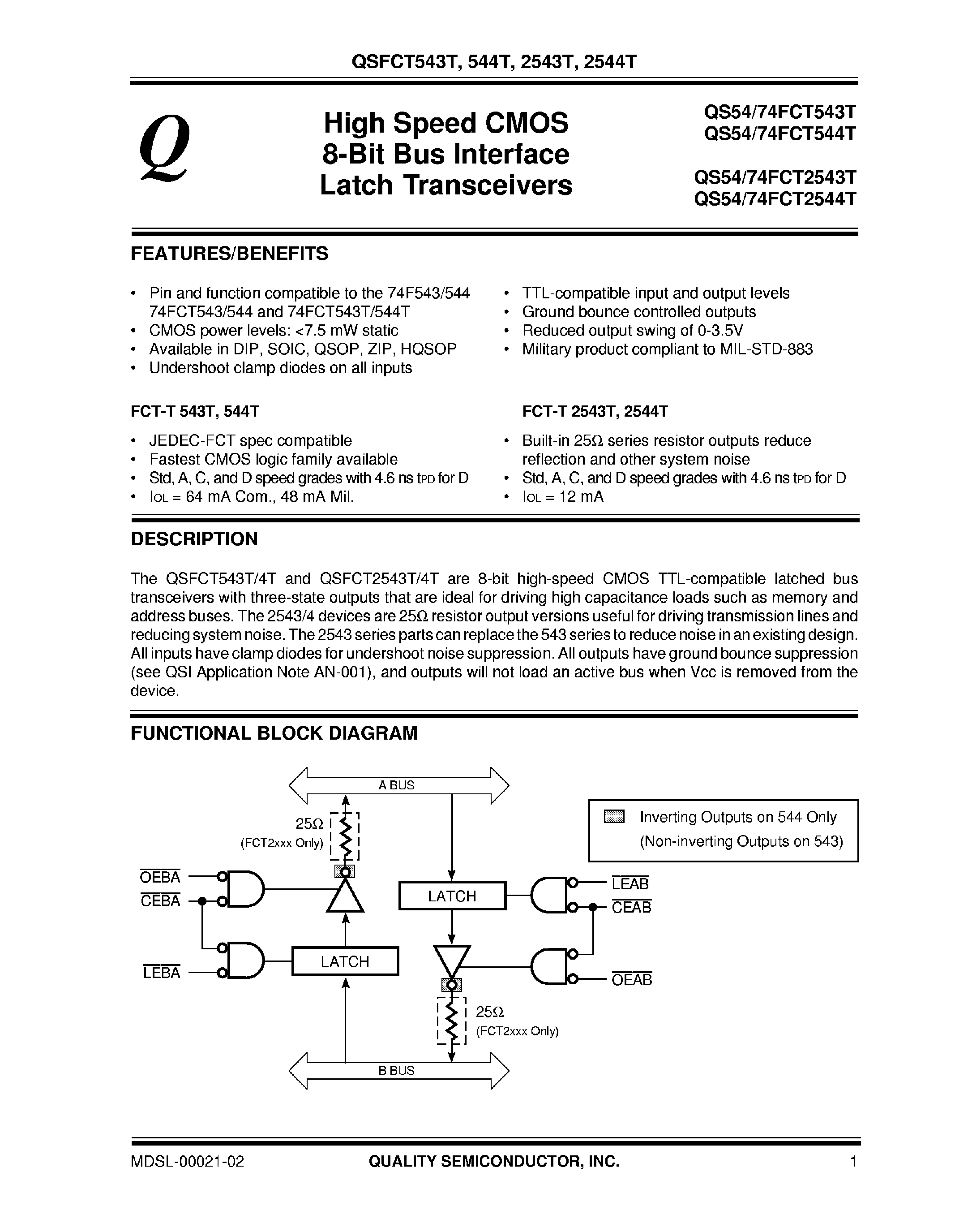 Даташит QS74FCT2543T - High Speed CMOS 8 Bit Bus Interface Latch Transceivers страница 1