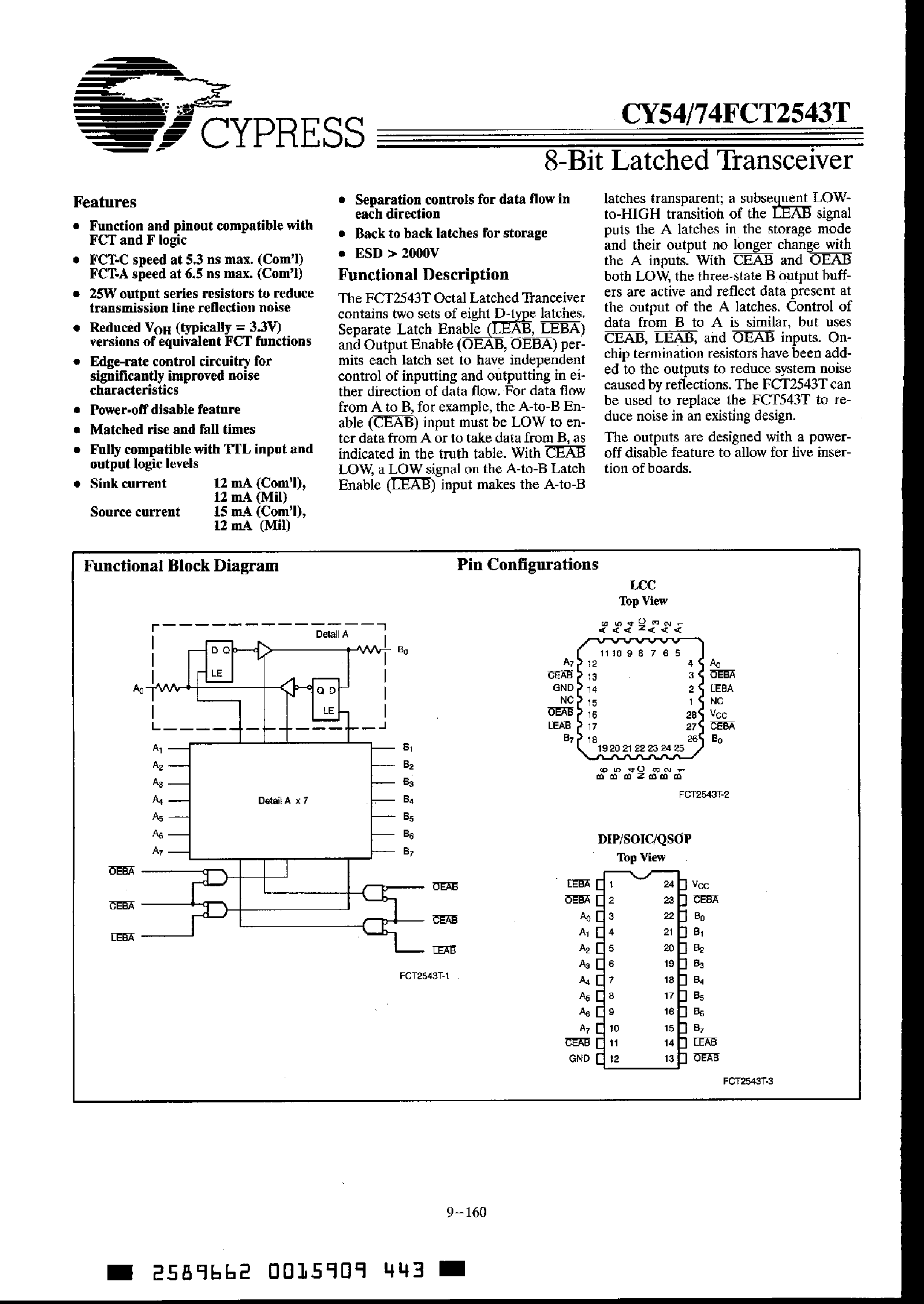Даташит на микросхему CY74FCT2543T страница 1 Даташит CY74FCT2543T - 8 Bit Latched Transceiver страница 1