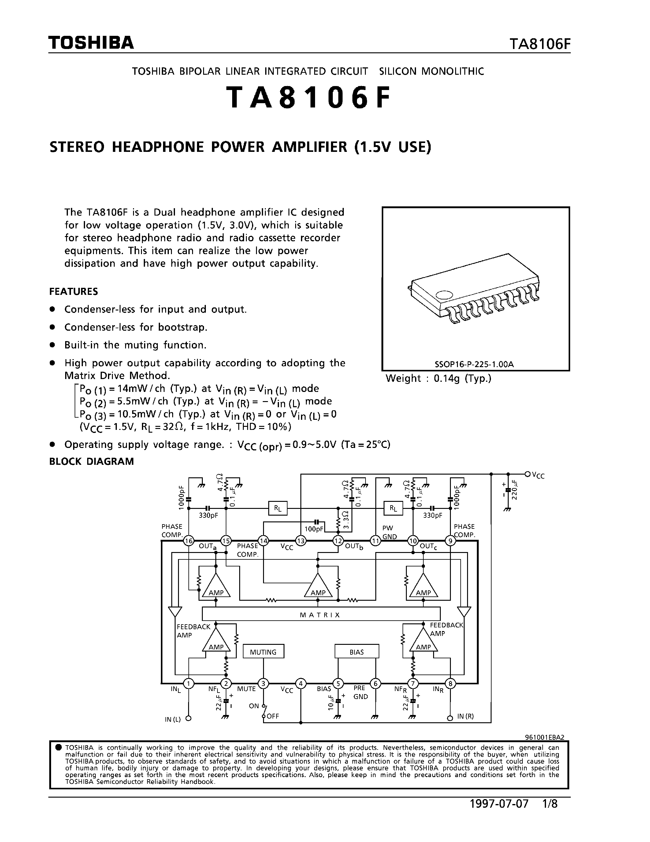 Datasheet TA8106F - STEREO HEADPHONE POWER AMPLIFIER (1.5V USE) page 1