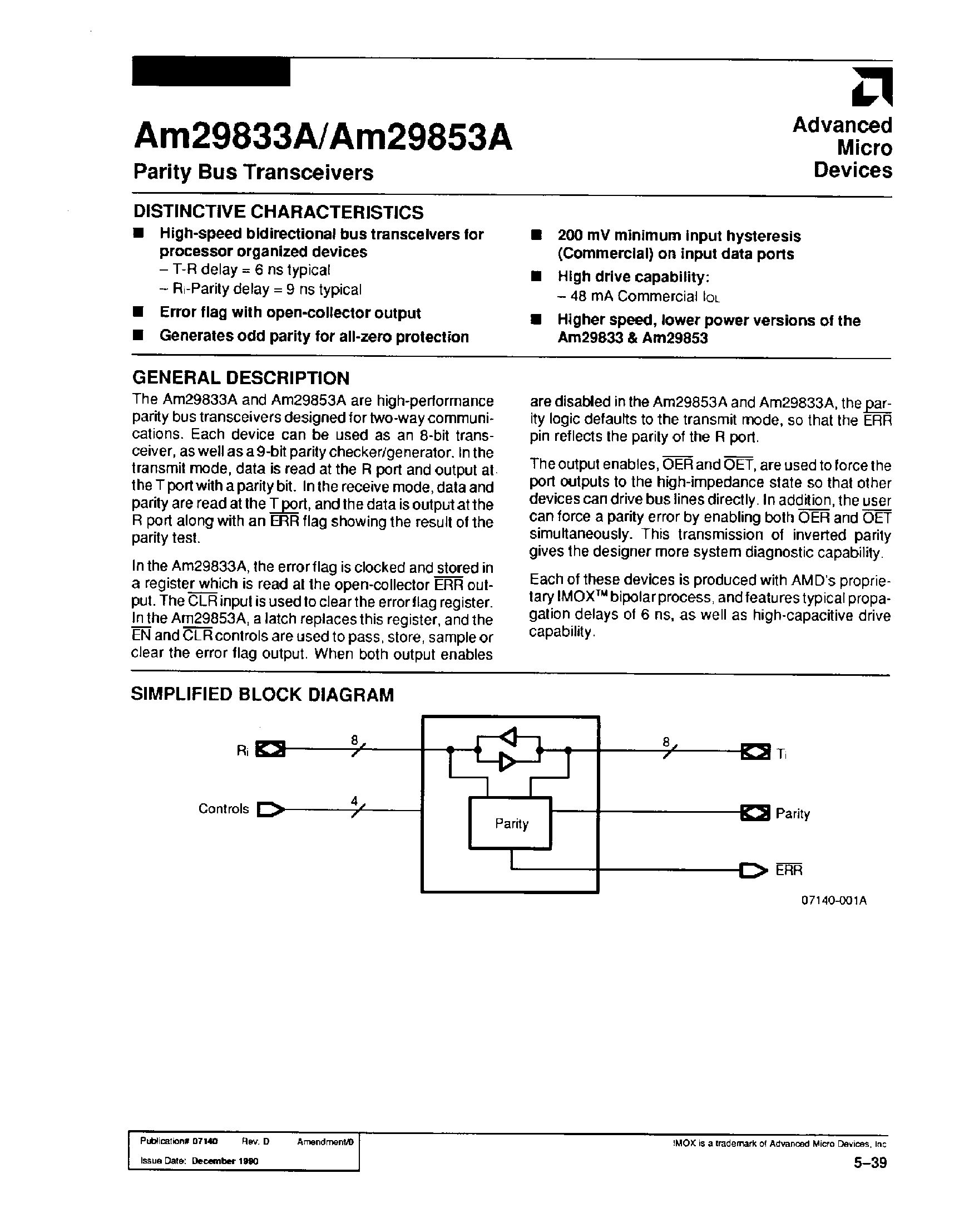 Datasheet AM29833A page 1 Datasheet AM29833A - Parity Bus Transceivers page 1