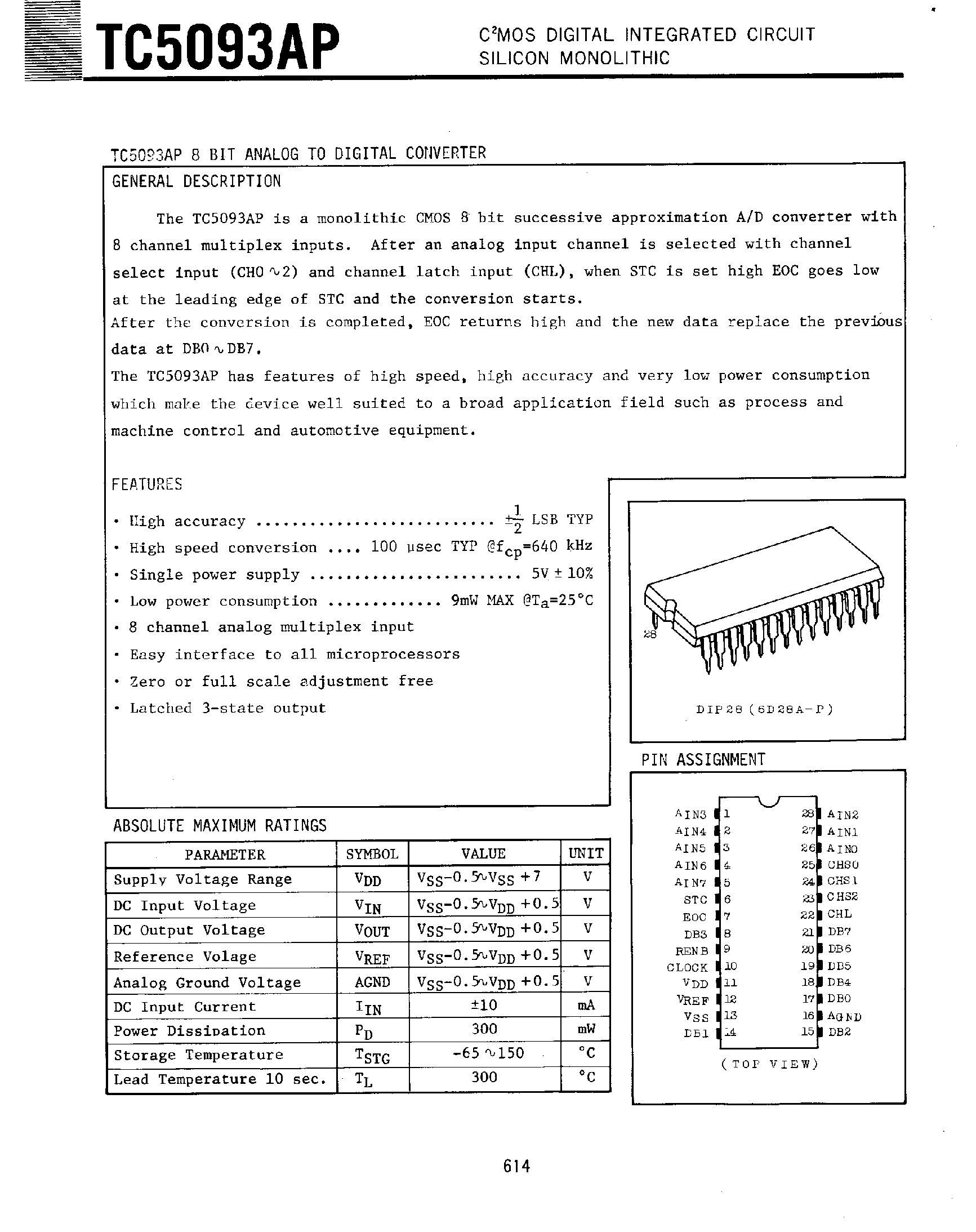Datasheet TC5093AP - 8 Bit Analog to Digital Converter page 1