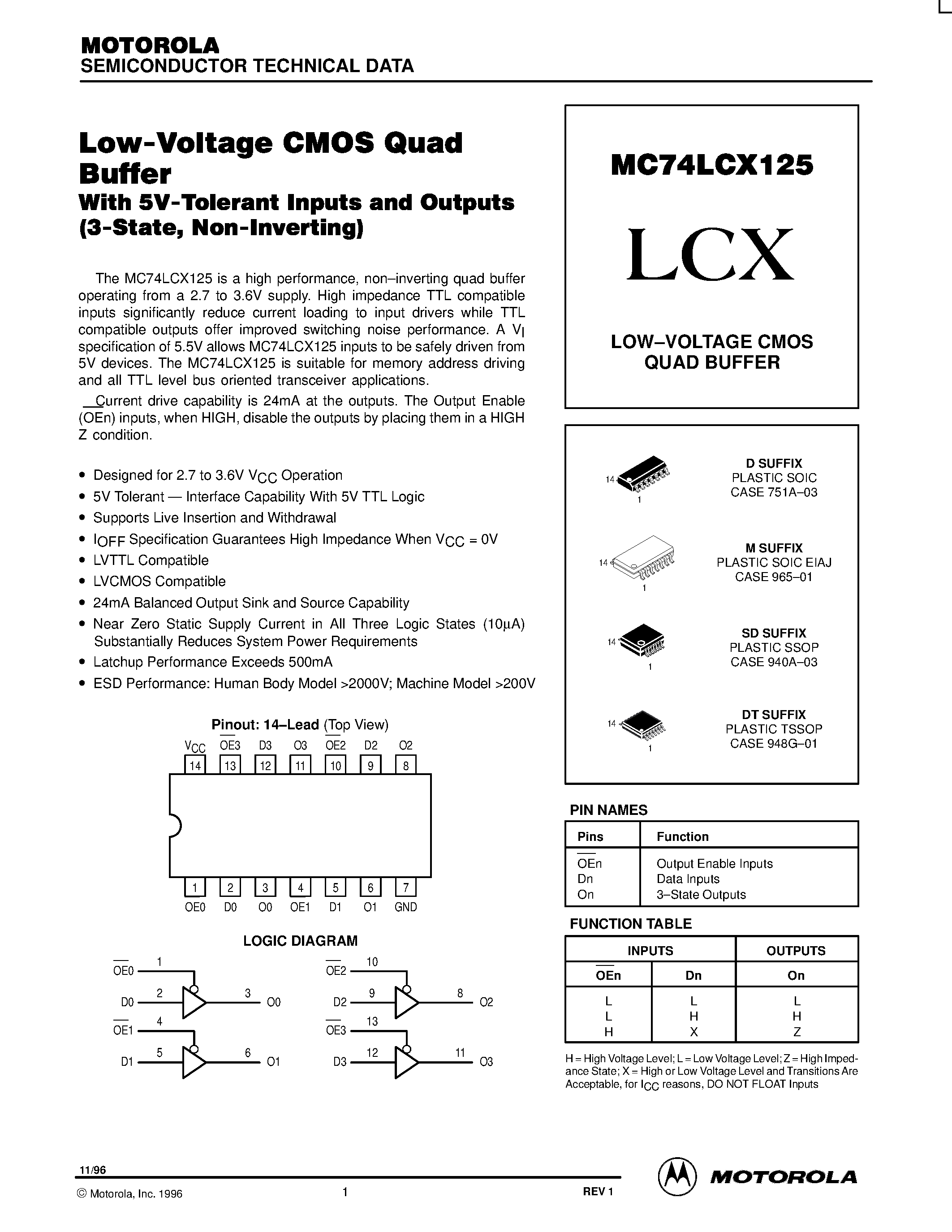 Даташит MC74LCX125 - LOW-VOLTAGE CMOS QUAD BUFFER страница 1