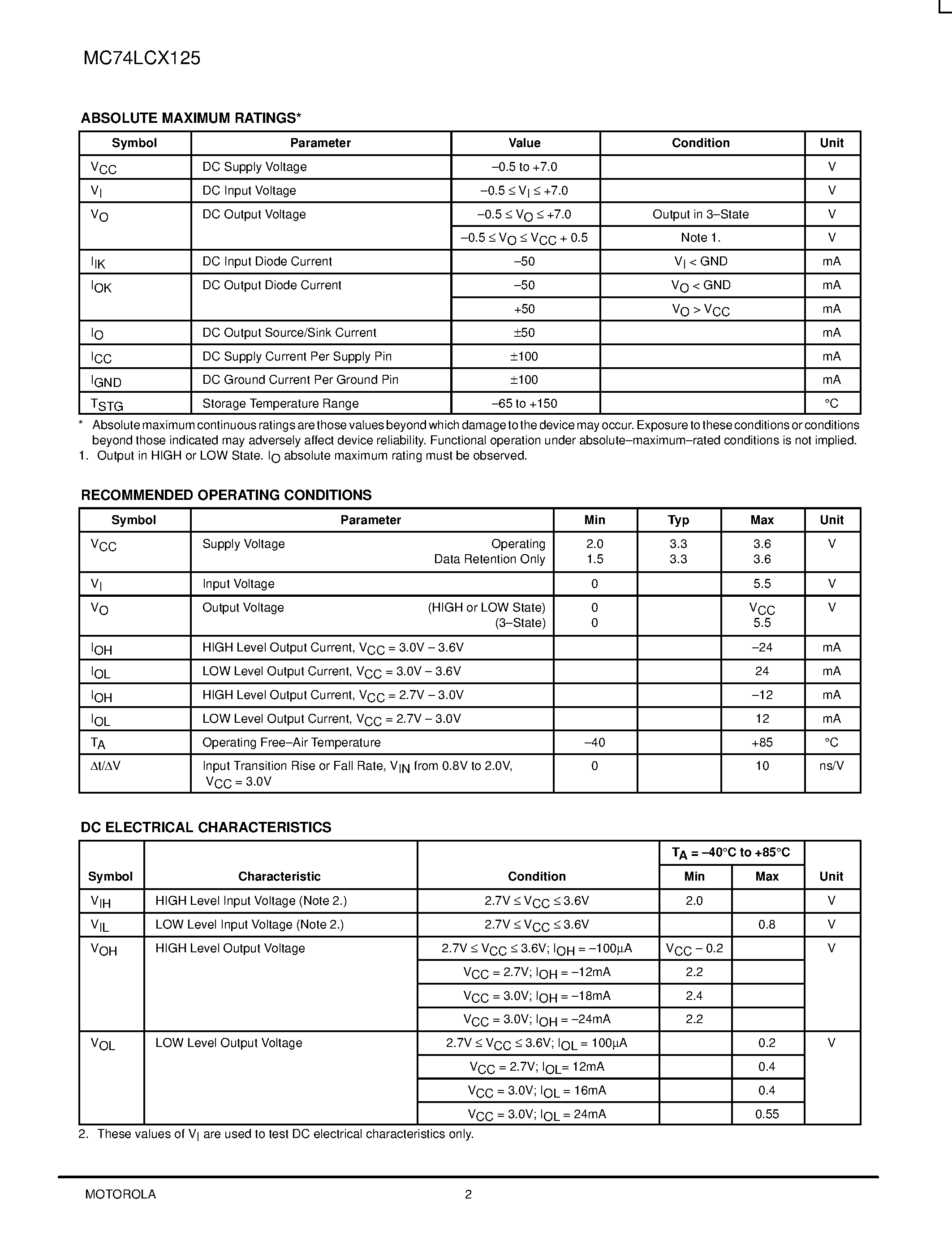 Даташит MC74LCX125 - LOW-VOLTAGE CMOS QUAD BUFFER страница 2