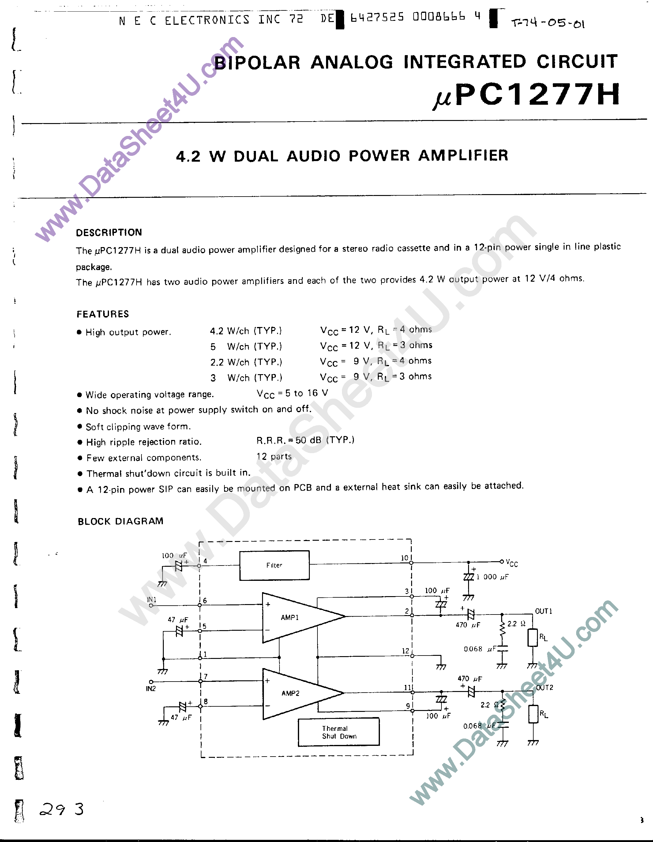Datasheet UPC1277H - 4.2W Dual Audio Power Amplifier page 1