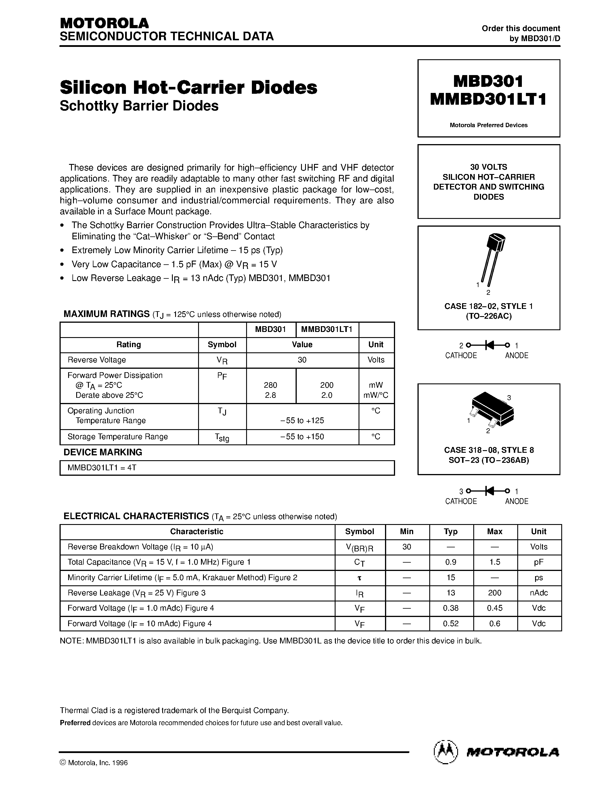 Даташит на микросхему MBD301 страница 1 Даташит MBD301 - 30 VOLTS SILICON HOT.CARRIER DETECTOR AND SWITCHING DIODES страница 1