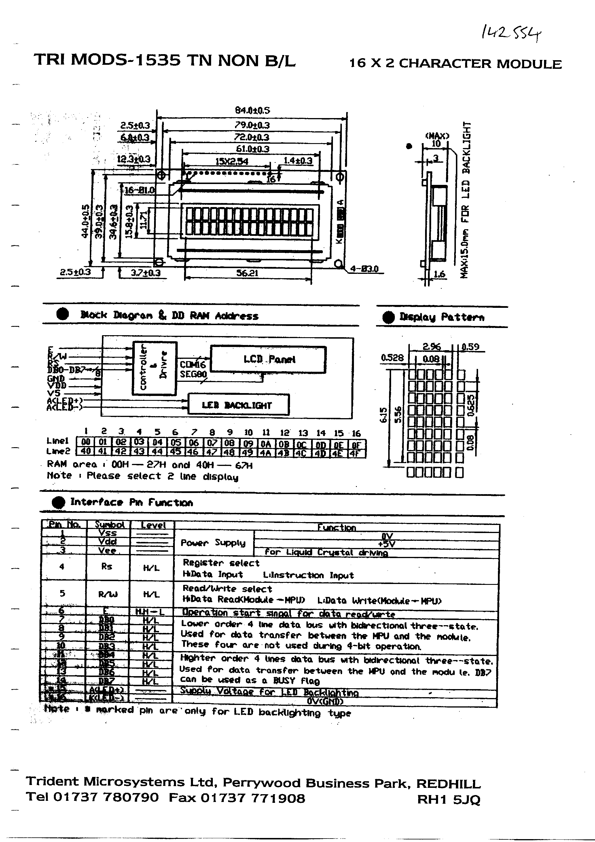 Datasheet TRIMODS1535 - LCD 16 x 2 (16 x 2 Character Module) page 1