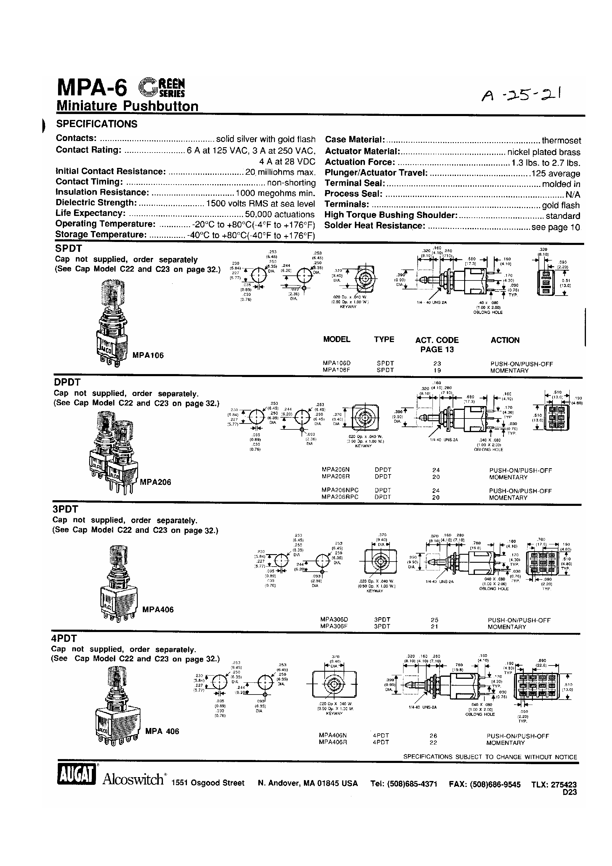 Datasheet MPA206 page 1 Datasheet MPA206 - Pushbutton Switch page 1