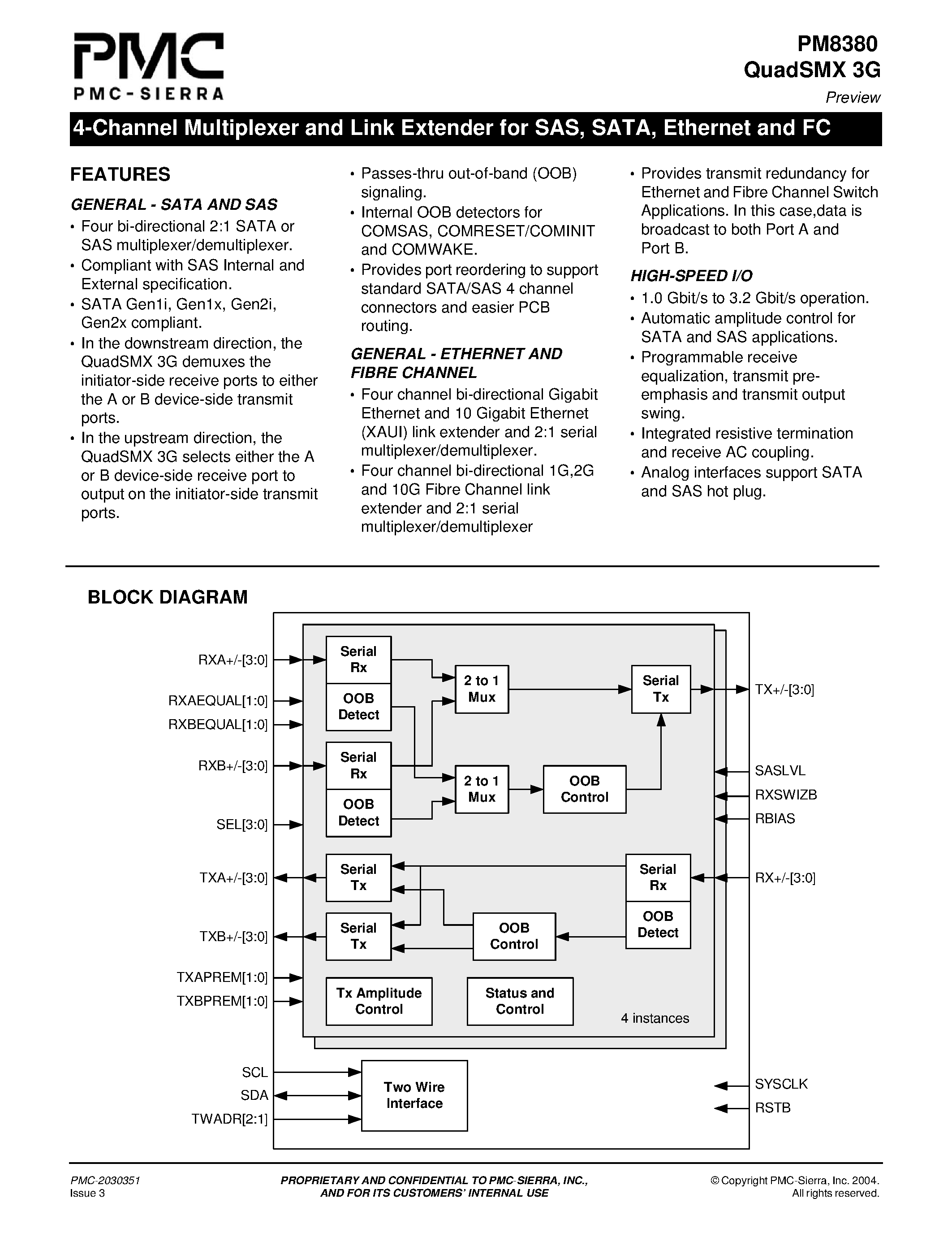 Даташит PM8380 - 4-Channel Multiplexer and Link Extander for SAS / SATA / Ethernet and FC страница 1