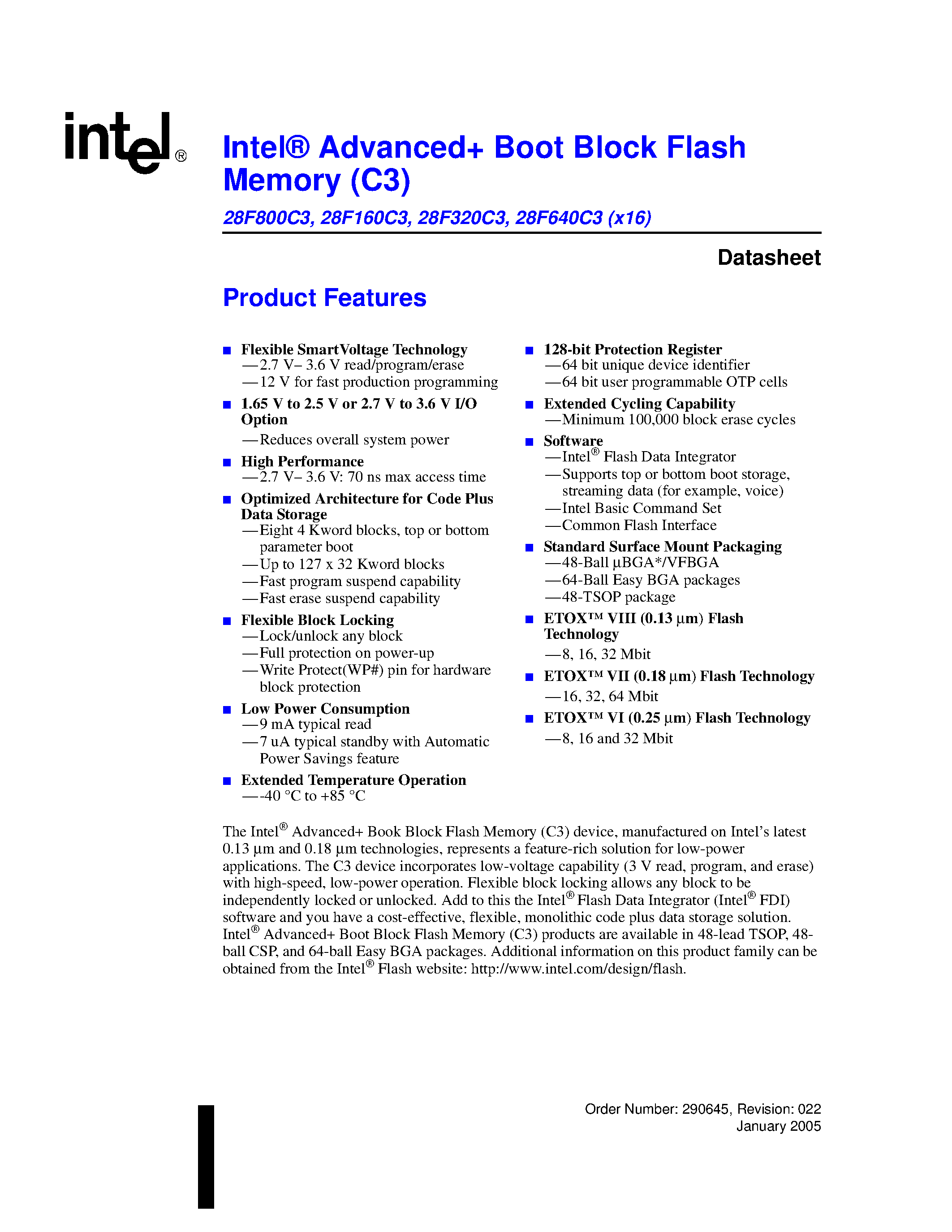 Даташит PC28F160C3BD70 - Advanced Boot Block Flash Memory страница 1