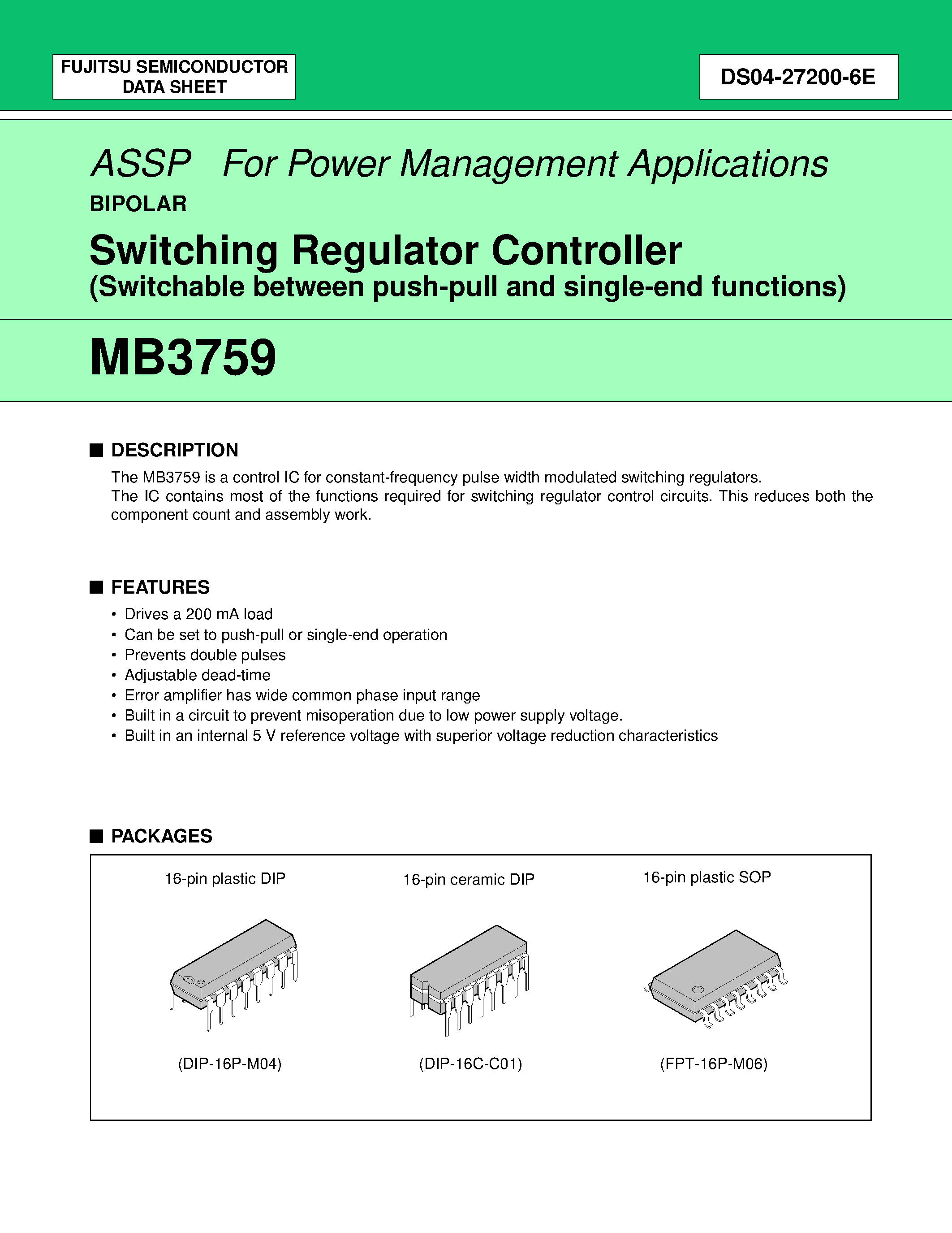 Datasheet MB3759 page 1 Datasheet MB3759 - Switching Regulator Controller page 1