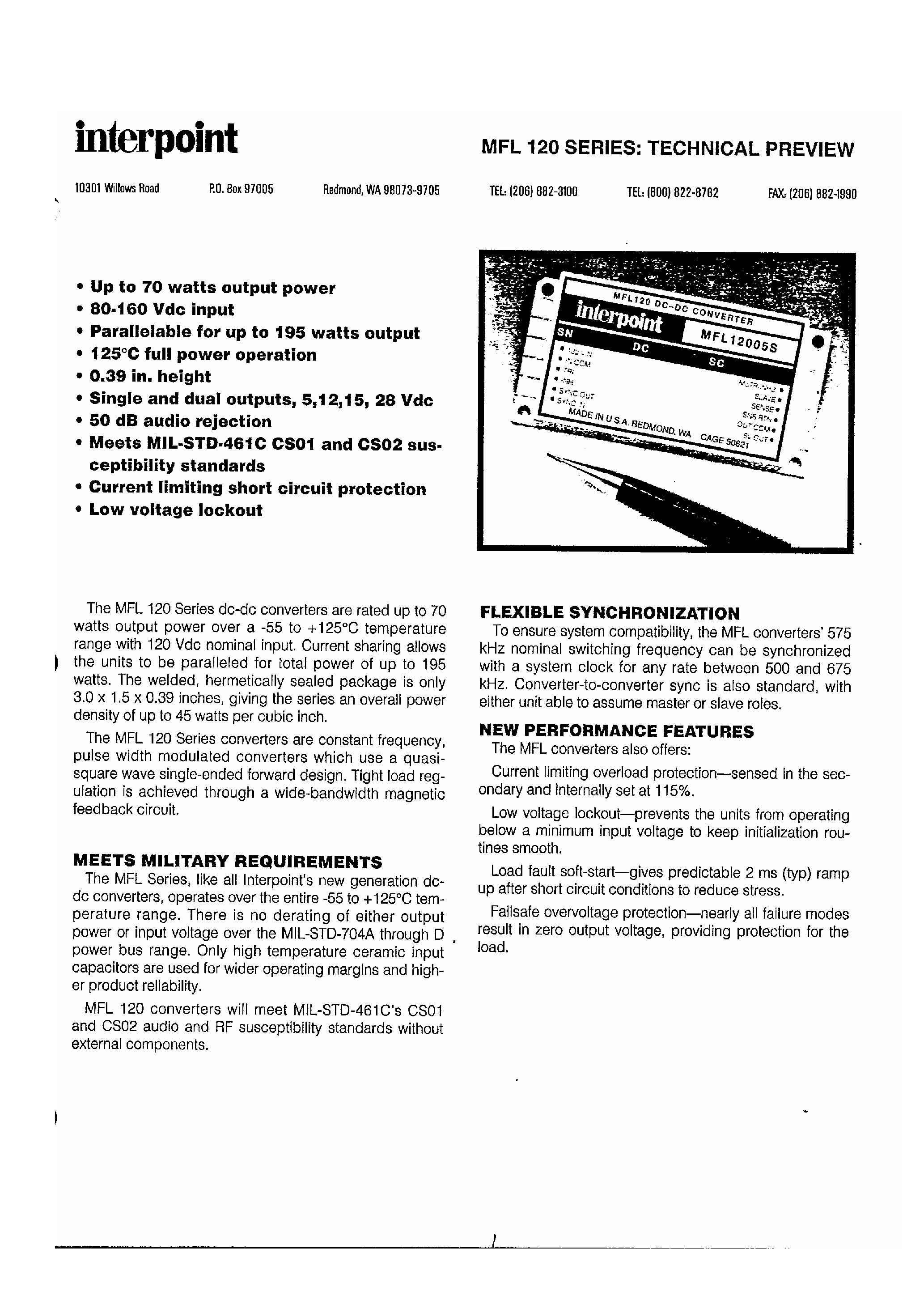 Даташит MFL12005 - 70 W Output Power / 80-160 V Input / Low Voltage Lockout страница 1