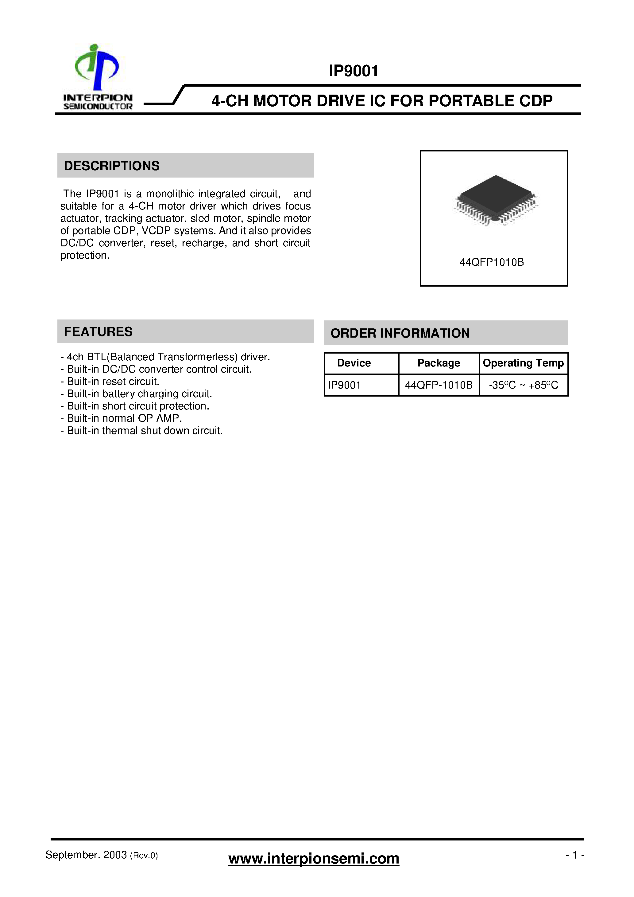 Даташит IP9001 - 4-CH Motor Drive IC for Portable CDP страница 1