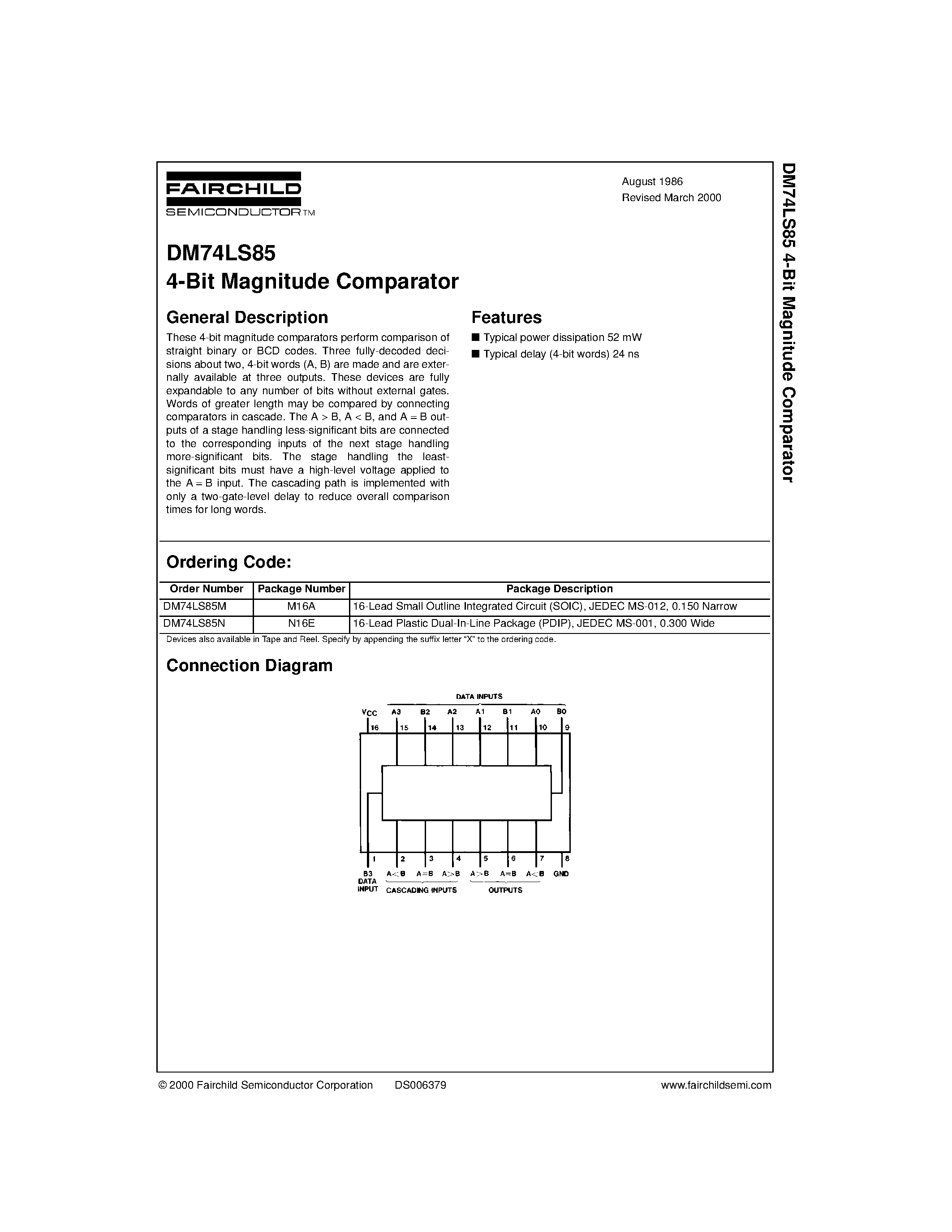Даташит DM74LS85 - 4-Bit Magnitude Comparator страница 1