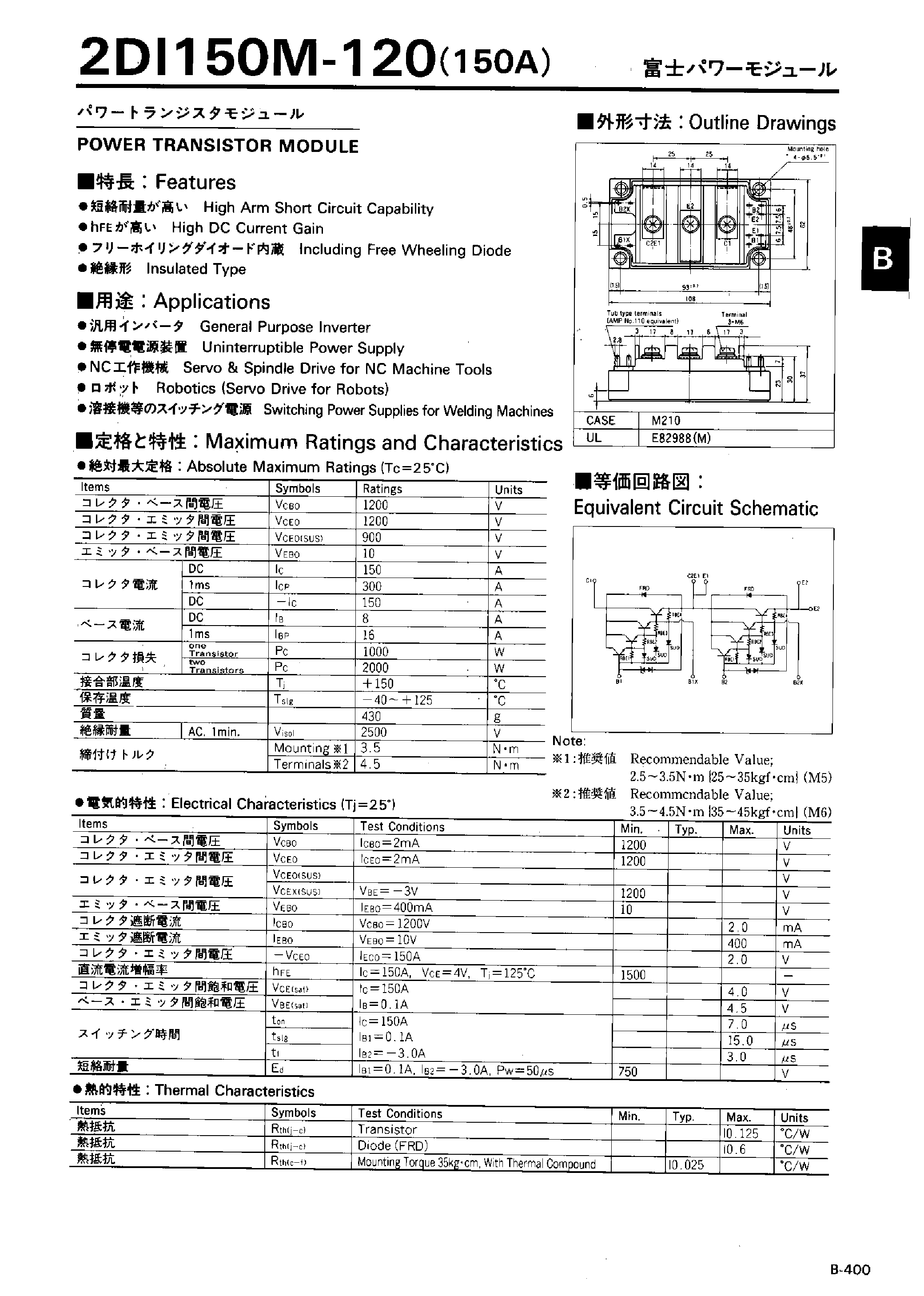 Datasheet 2DI150M-120 page 1 Datasheet 2DI150M-120 - Power Transistor Module page 1