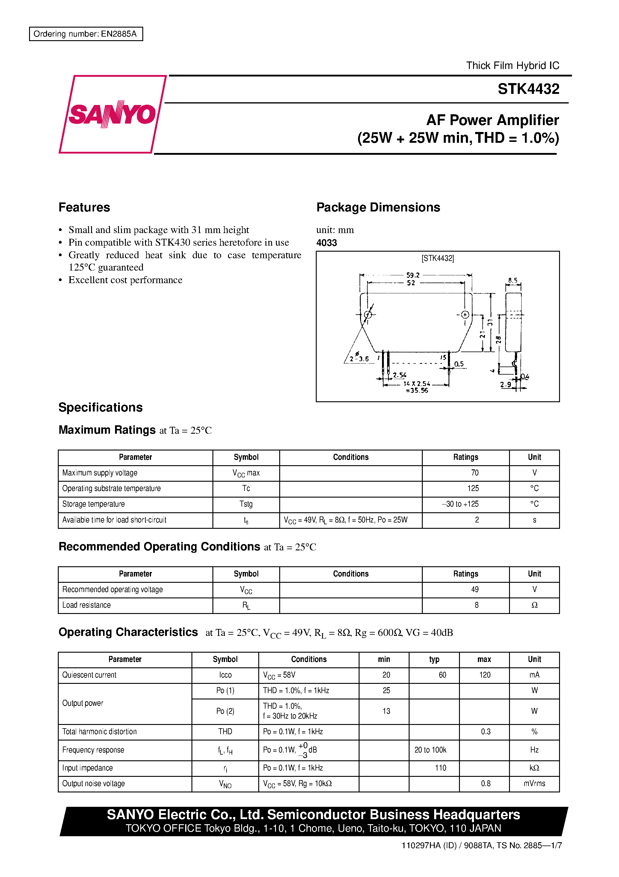 Datasheet STK4432 page 1 Datasheet STK4432 - AF Power Amplifier (25W + 25W min / THD = 1.0%) page 1