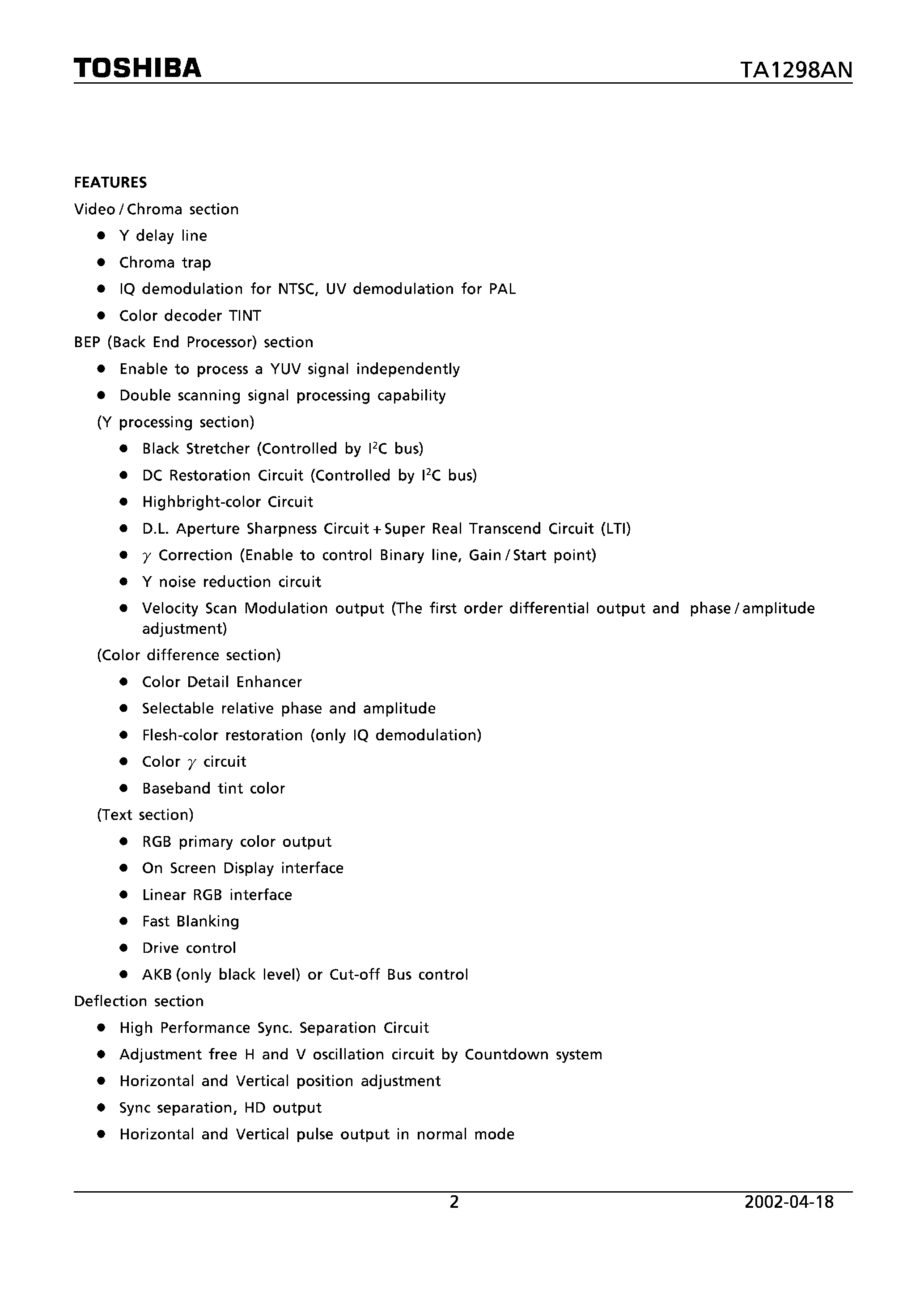 Даташит на микросхему TA1298AN страница 2 Даташит TA1298AN - PAL/NTSC VIDEO CHROMA AND DEFLECTION IC FOR CTV страница 2