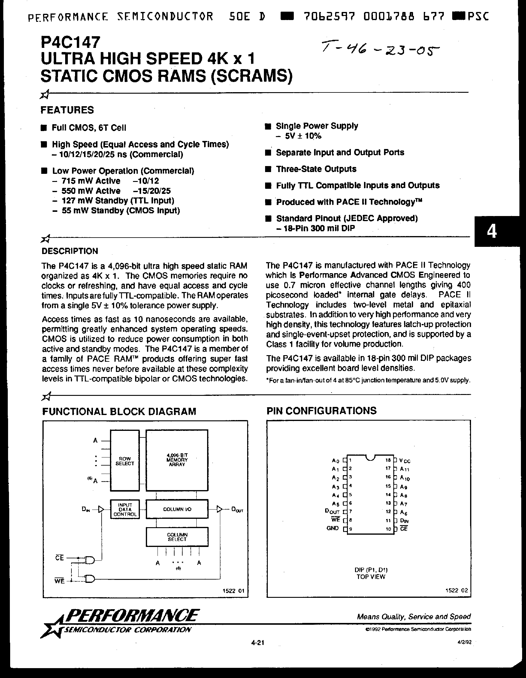 Datasheet P4C147 page 1 Datasheet P4C147 - Ultra High Speed 4K x 1 Static CMOS RAMS page 1