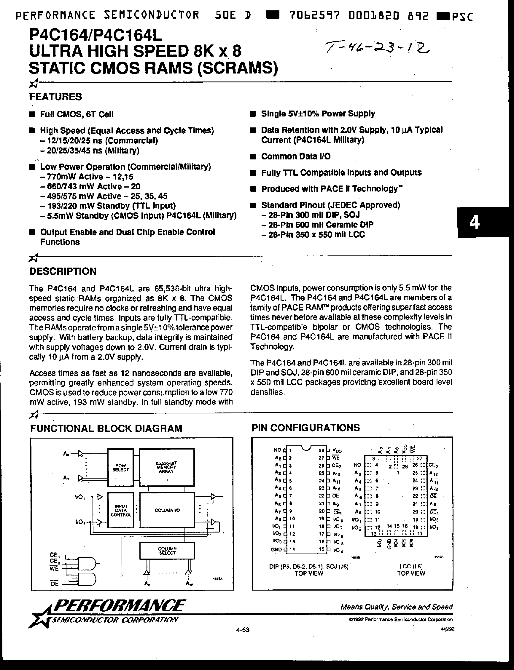 Datasheet P4C164 page 1 Datasheet P4C164 - Ultra High Speed 8K x 8 Static CMOS RAMS page 1