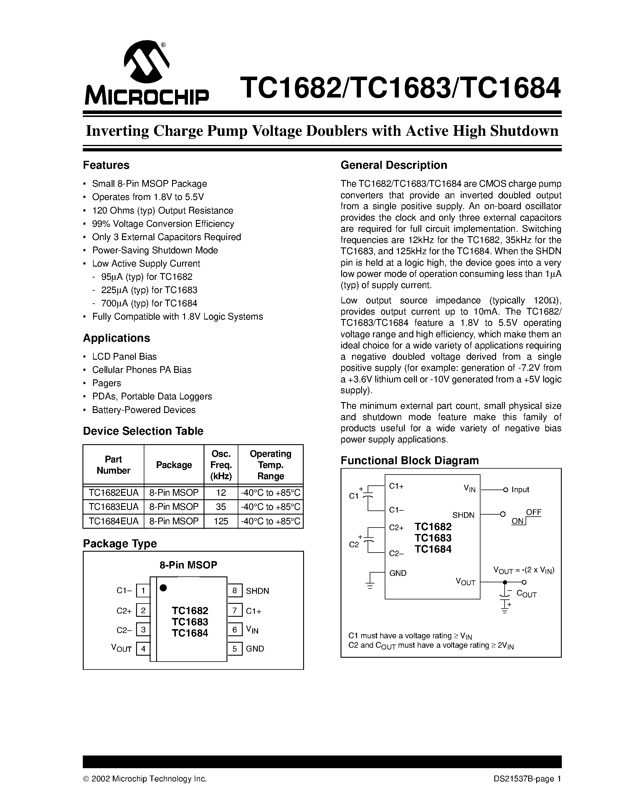 Datasheet TC168x page 1 Datasheet TC168x - Inverting Charge Pump Voltage Doublers with Active High Shutdown page 1
