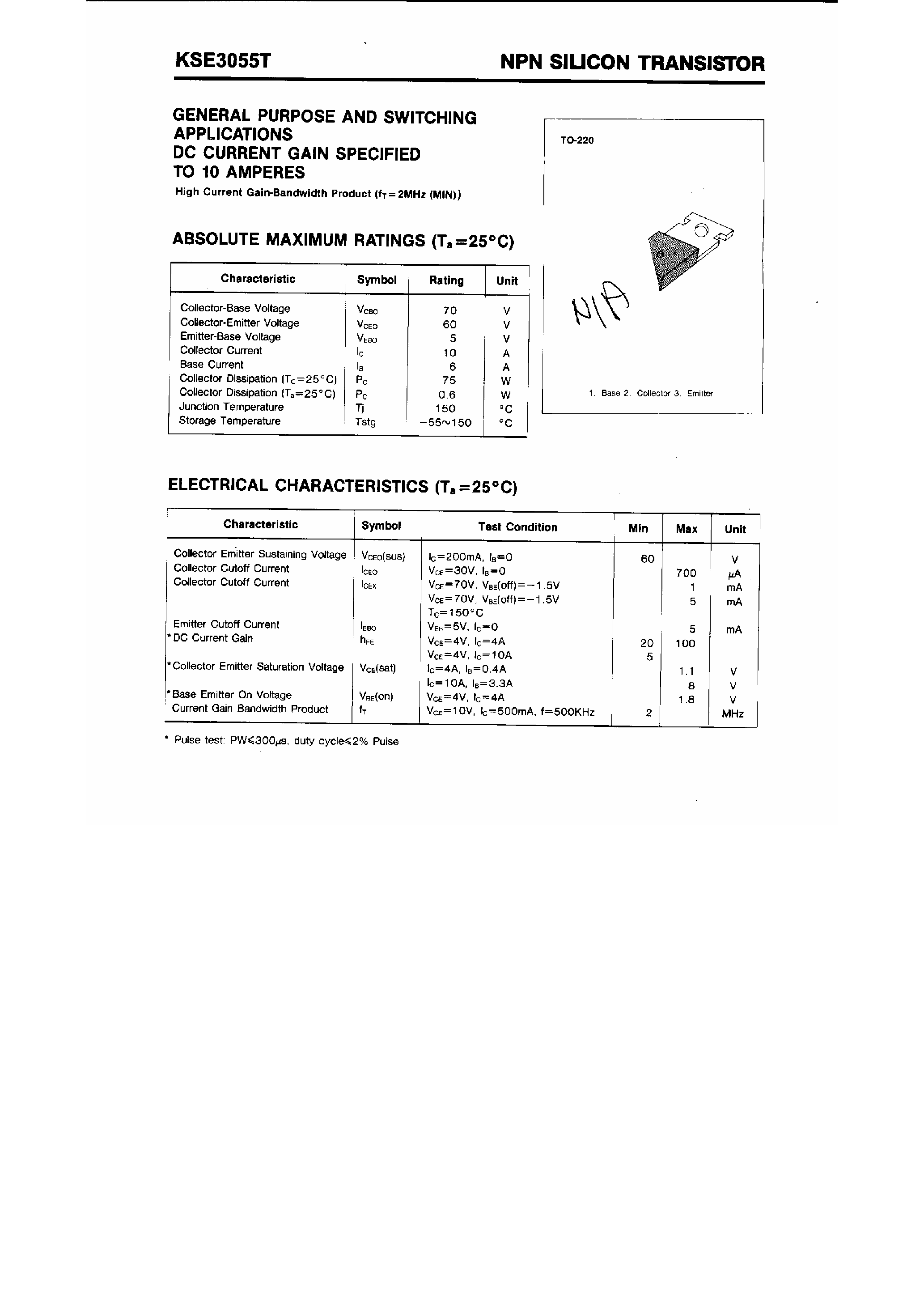 Datasheet KSE3055T - NPN Silicon Transistot page 1