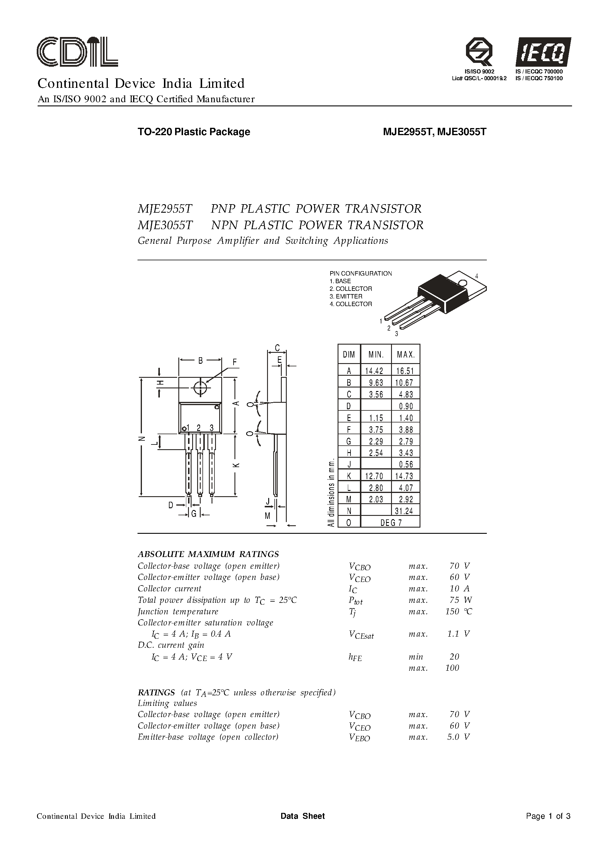 Datasheet MJE3055T - NPN Plastic Power Transistor page 1