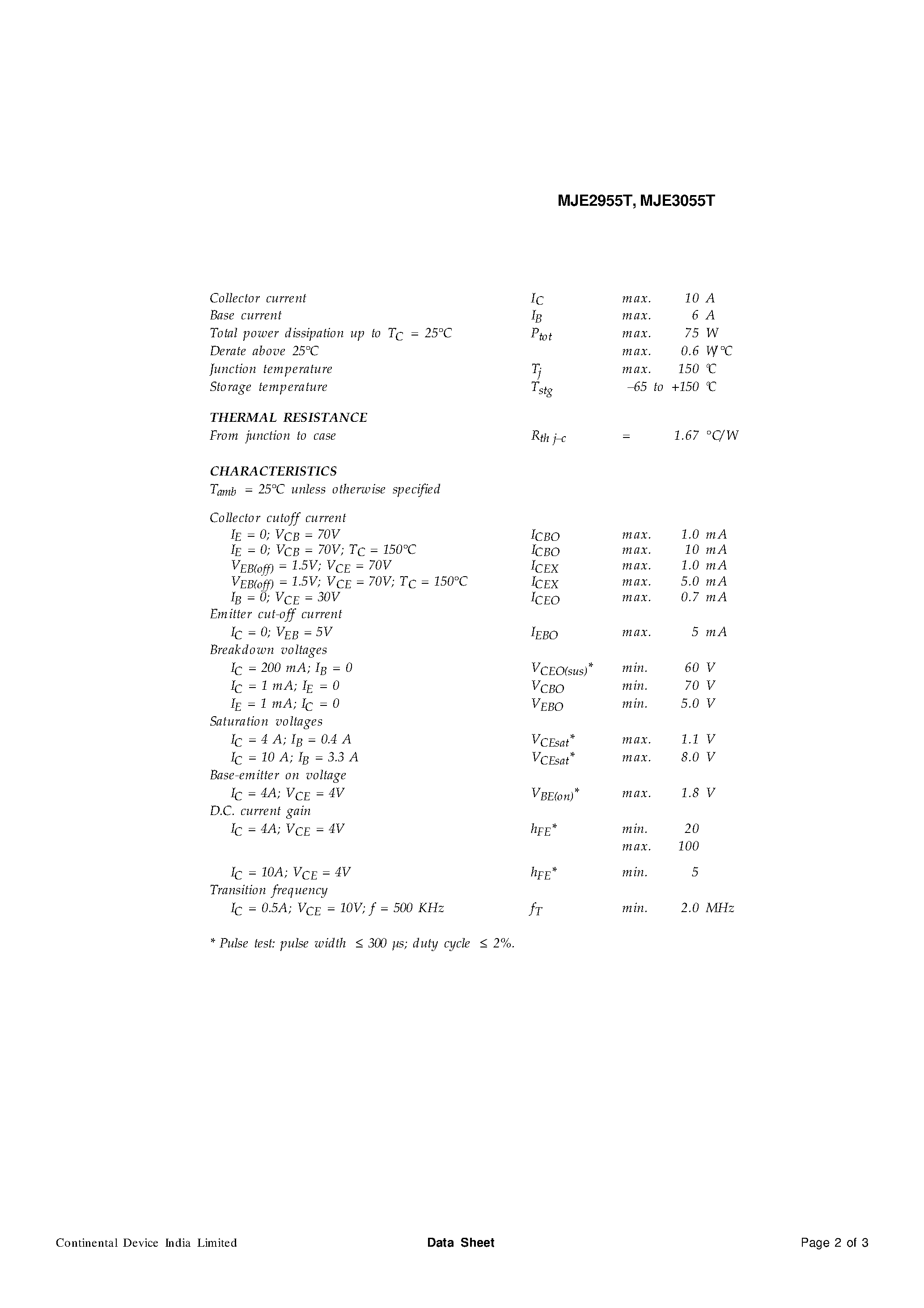 Datasheet MJE3055T - NPN Plastic Power Transistor page 2