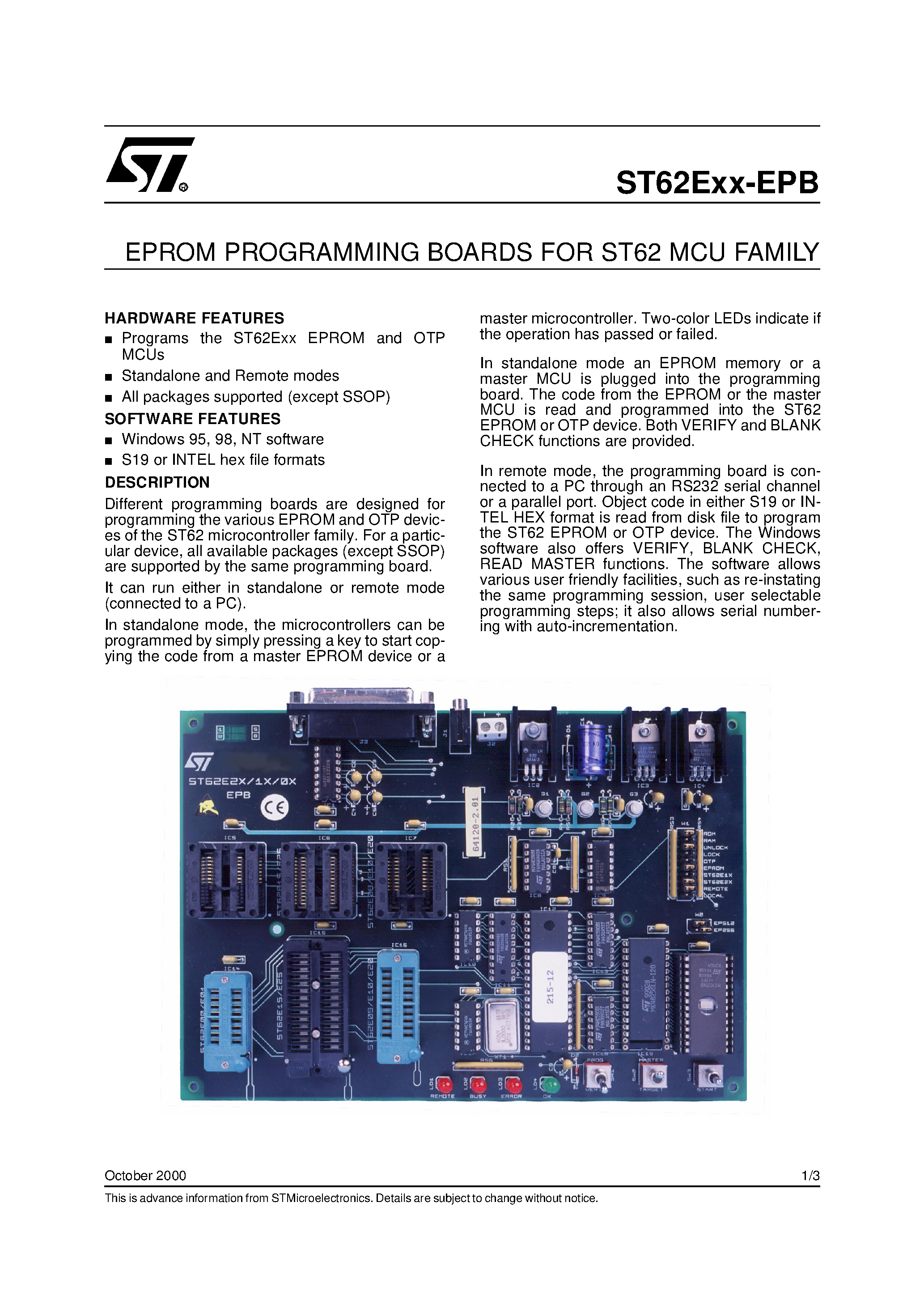 Даташит ST62T25 - EPROM PROGRAMMING BOARDS FOR ST62 MCU FAMILY страница 1