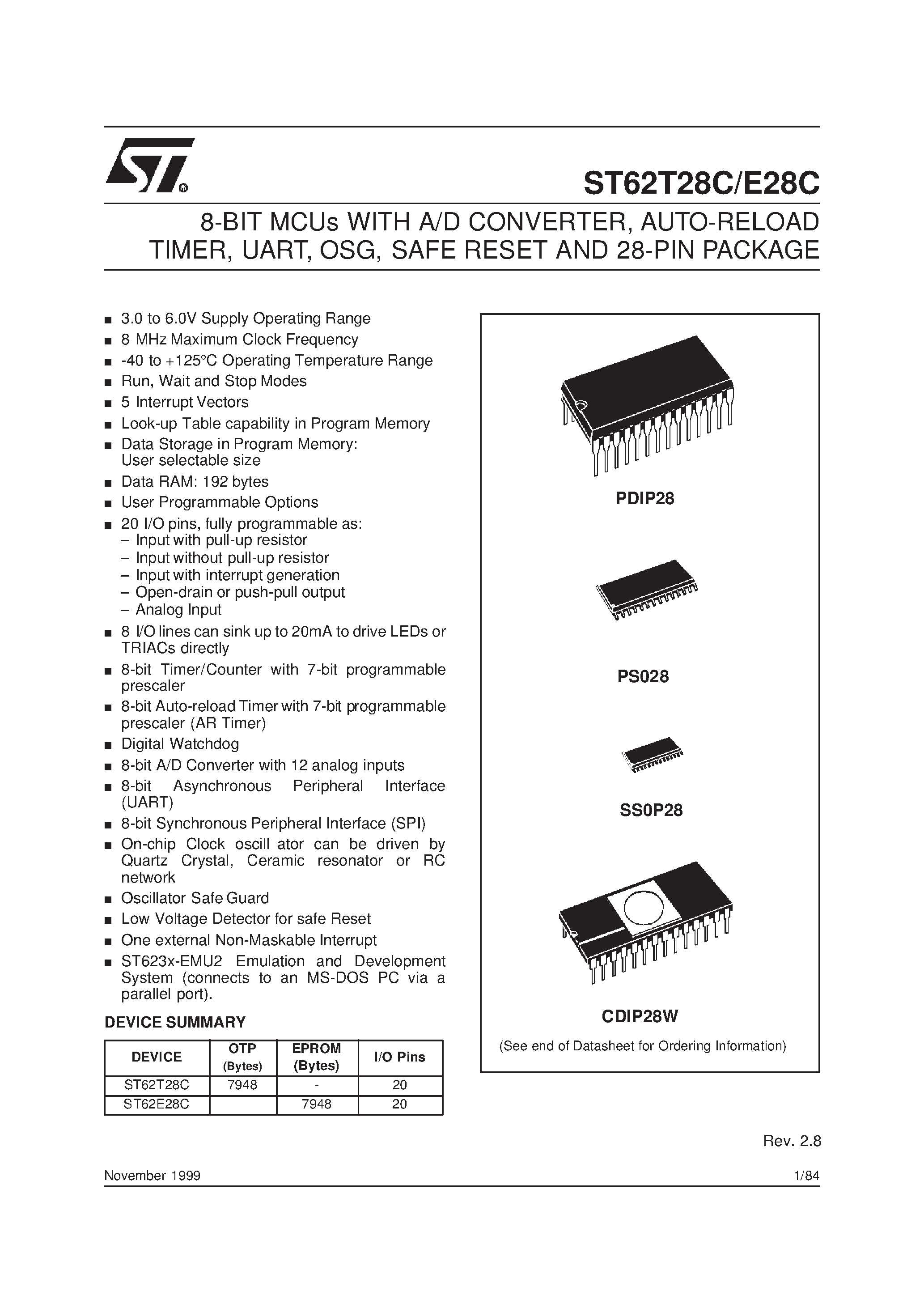 Datasheet ST62T28C - 8-BIT MCUs WITH A/D CONVERTER page 1