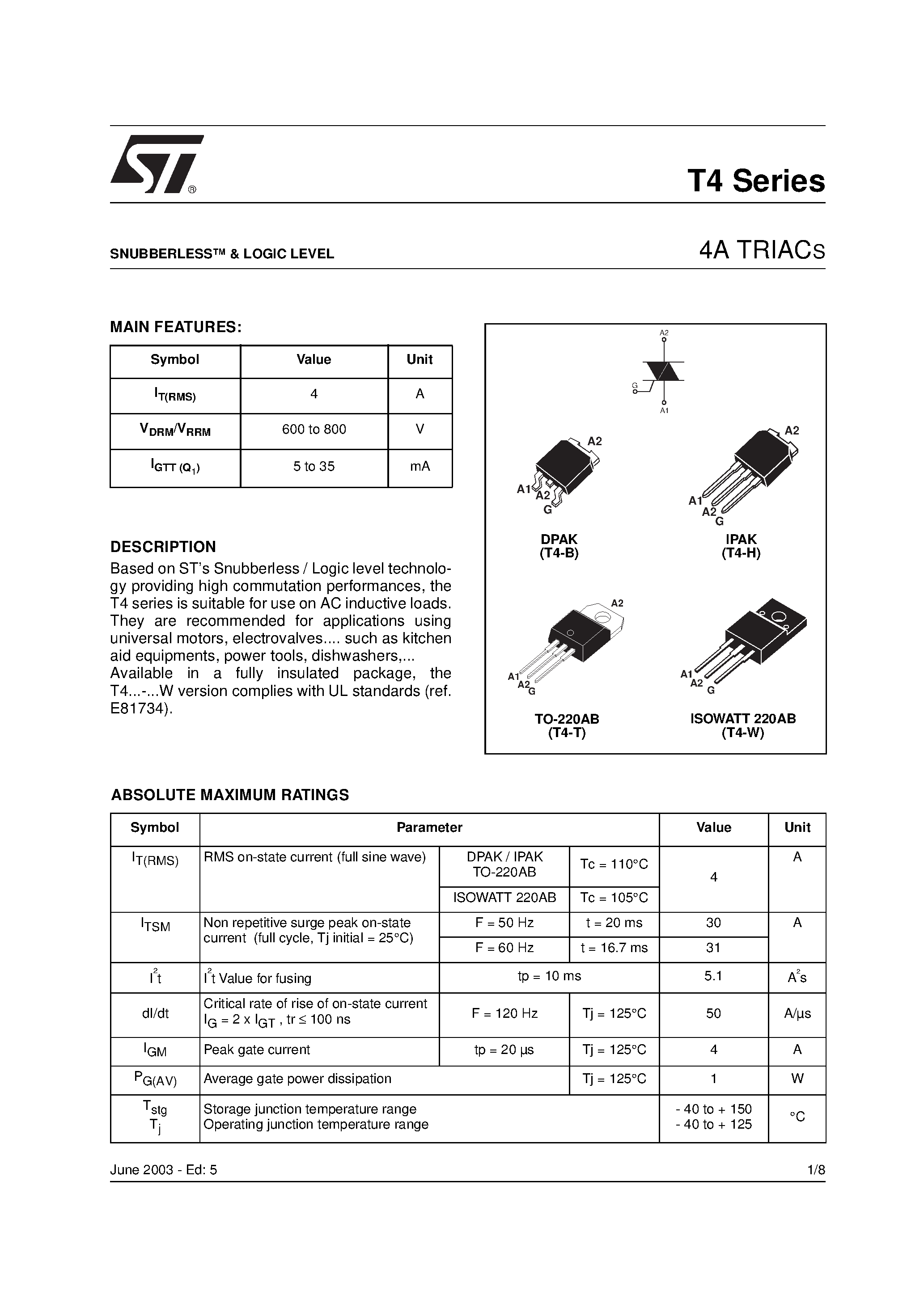 Datasheet T410 page 1 Datasheet T410 - 4A TRIACS page 1