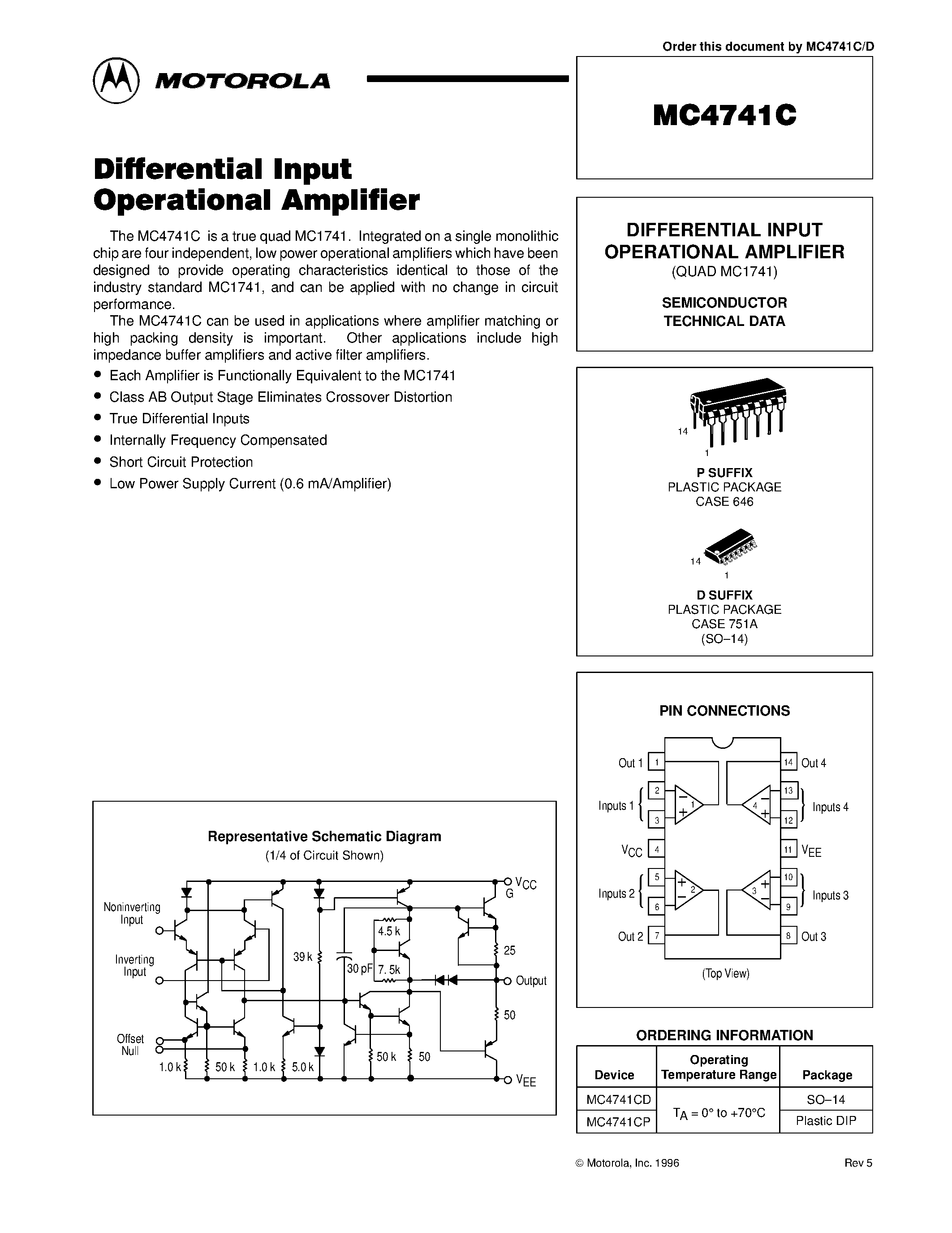 Даташит на микросхему MC4741C страница 1 Даташит MC4741C - DIFFERENTIAL INPUT OPERATIONAL AMPLIFIER страница 1