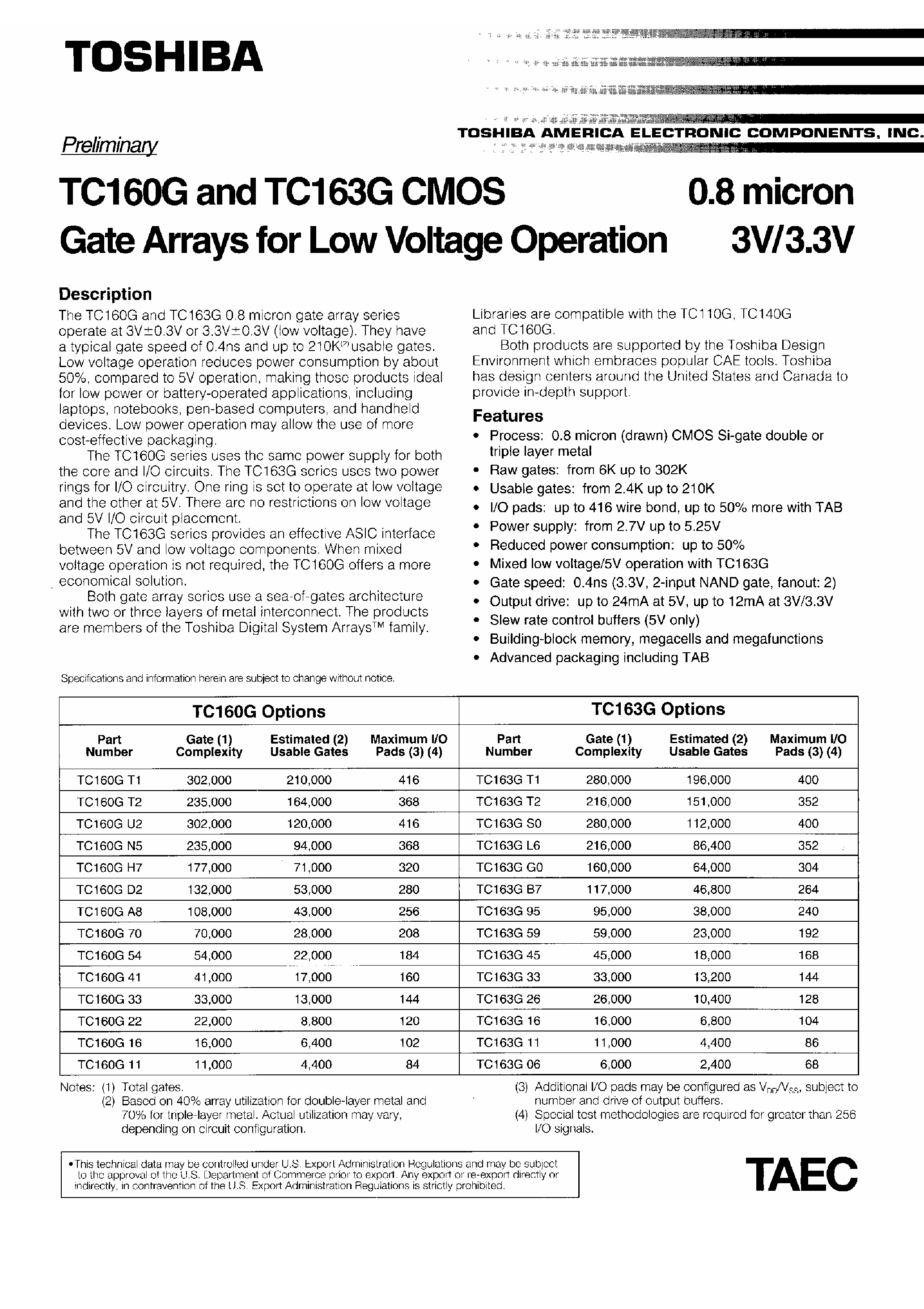 Datasheet TC160G page 1 Datasheet TC160G - CMOS Gate Arrays for Low Voltage Operation page 1