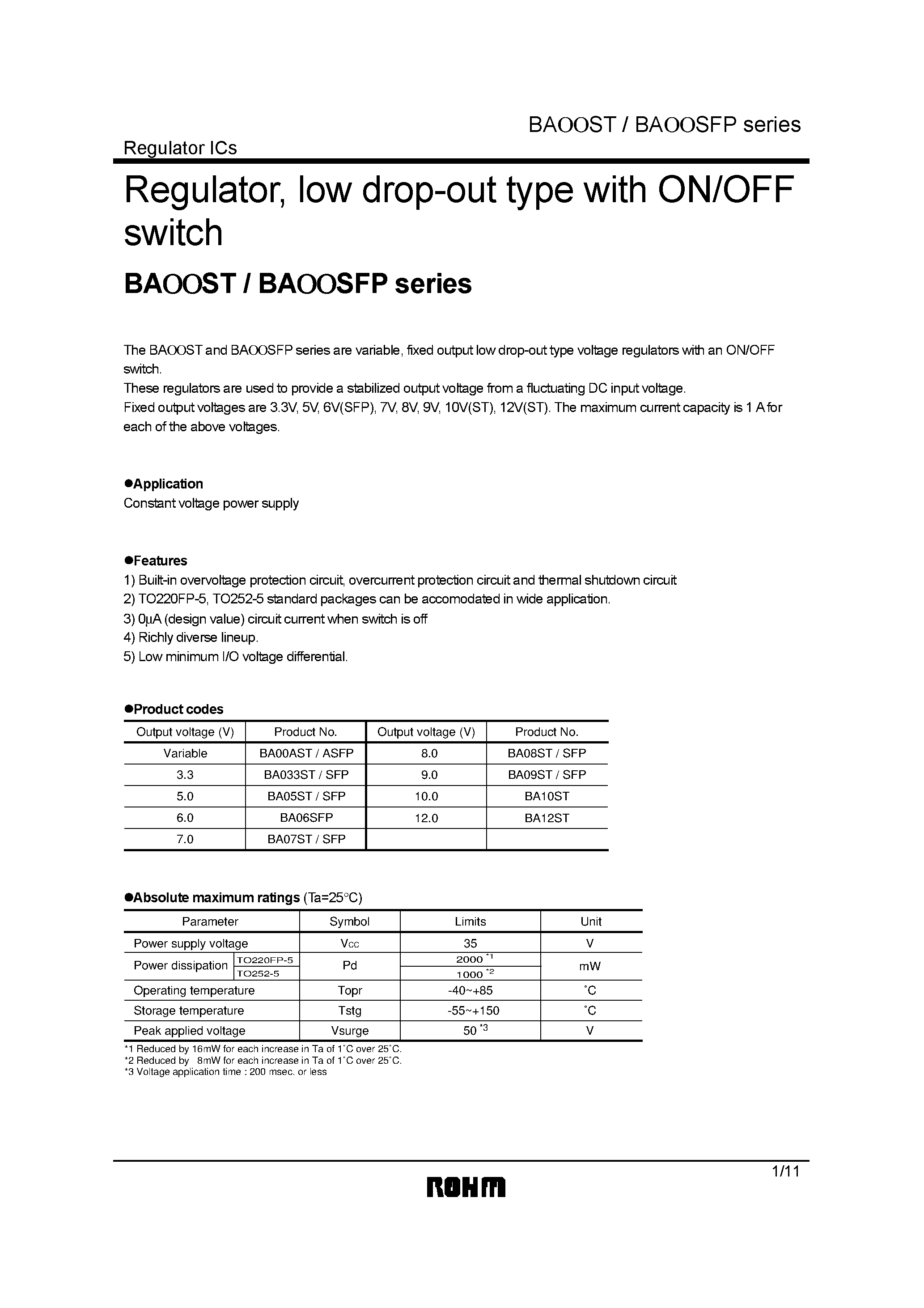 Даташит на микросхему BA033ST страница 1 Даташит BA033ST - Low Drop-Out Type with ON/OFF Switch страница 1
